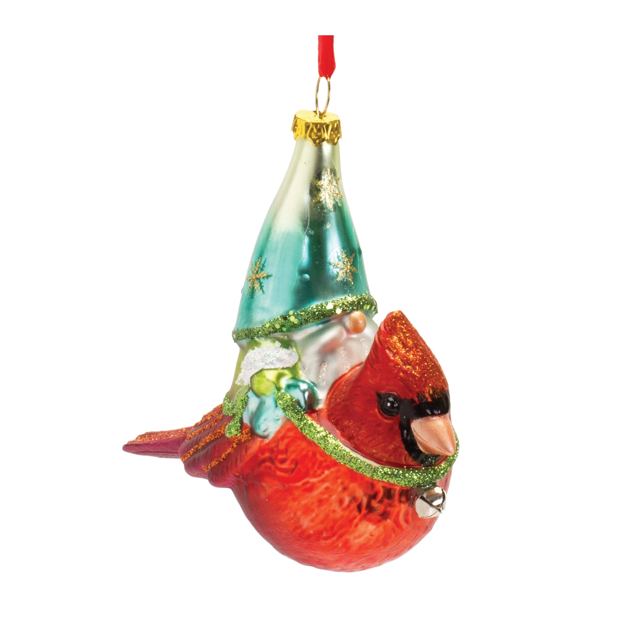 Gnome and Cardinal Ornament 4.5”H Glass