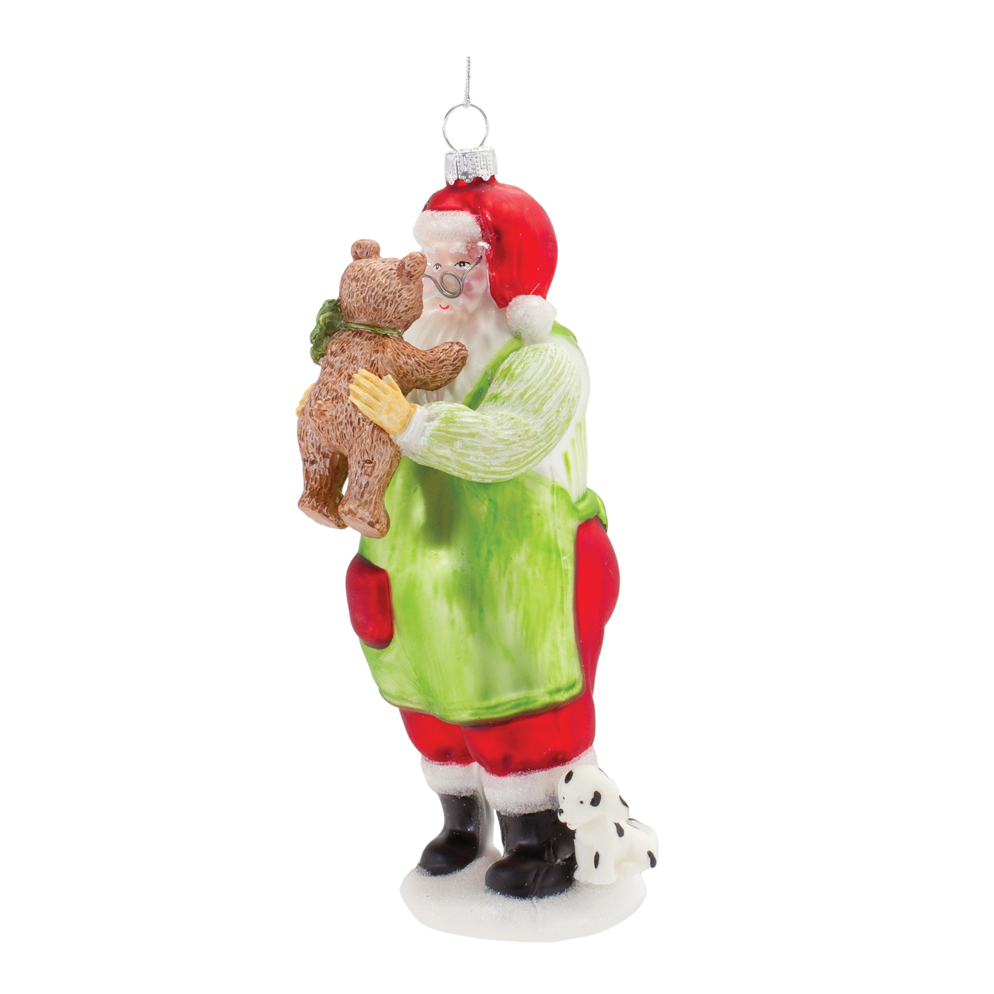 Santa W/Teddy Bear Ornament 7”H Glass