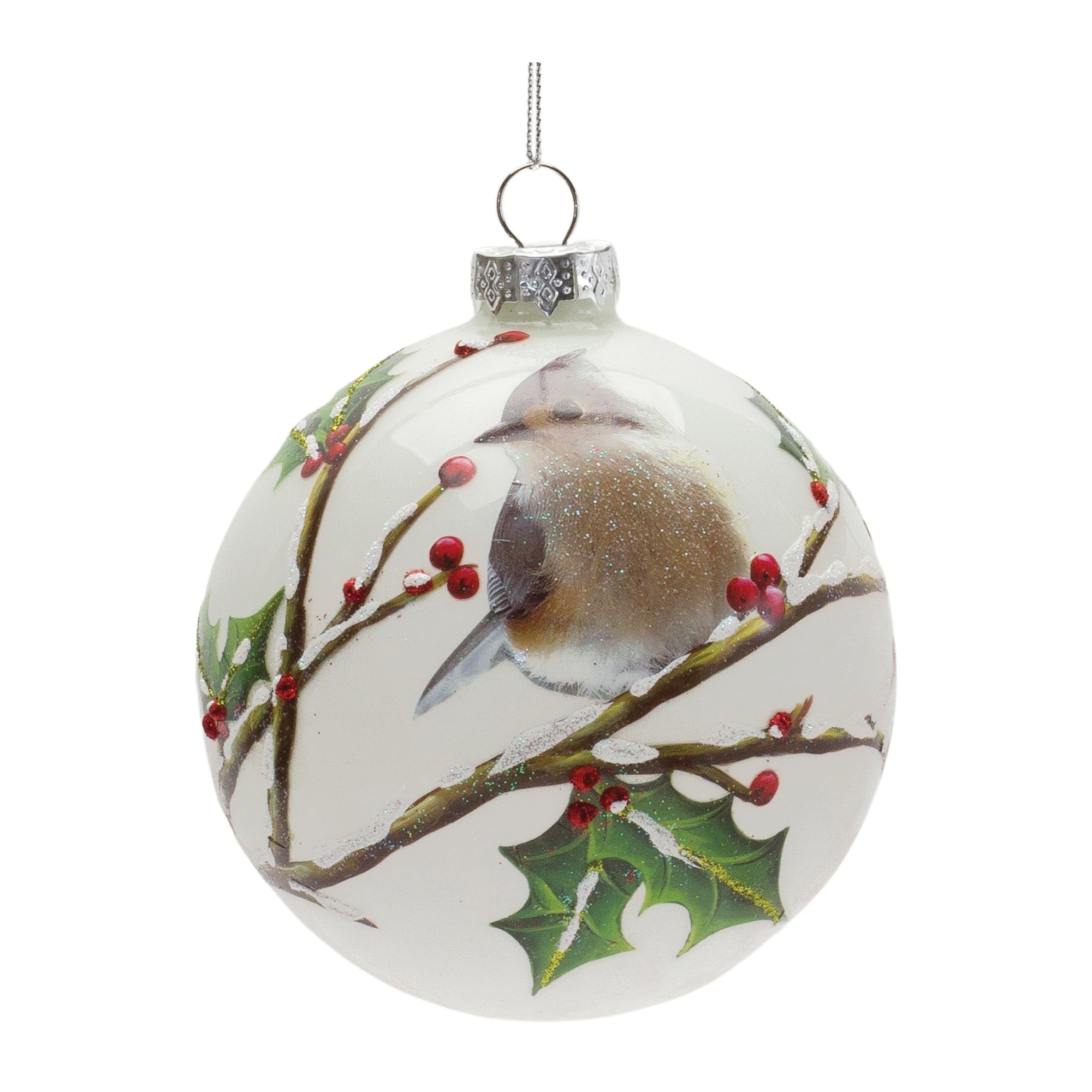 Bird Ball Ornament 4”D Glass