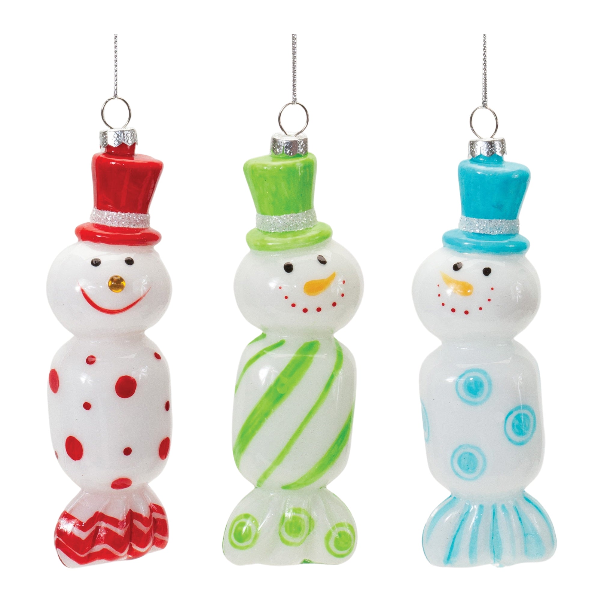 Candy Snowman Ornament (3 Asst) 6.25”H Glass