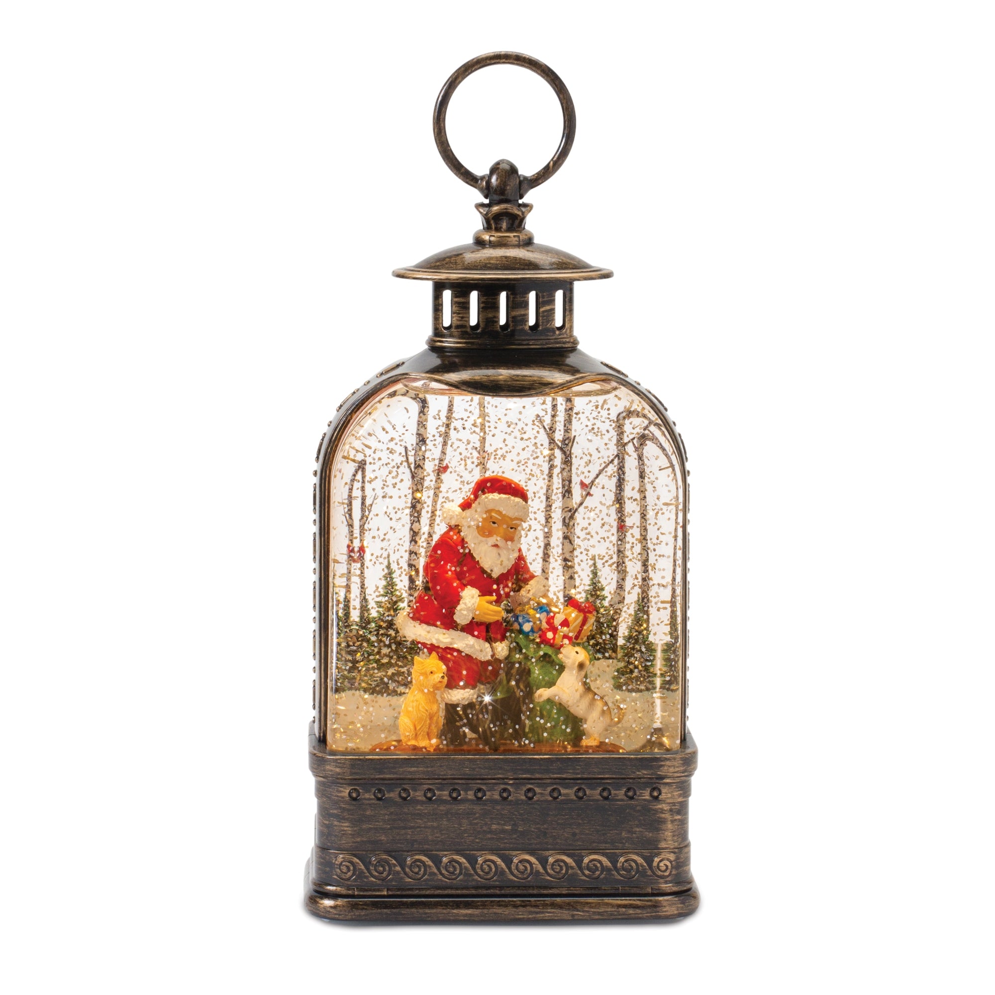 Snow Globe Santa and Dog 11.25”H  6 Hr Timer 3AA Batteries Not Included or USB Cord Included