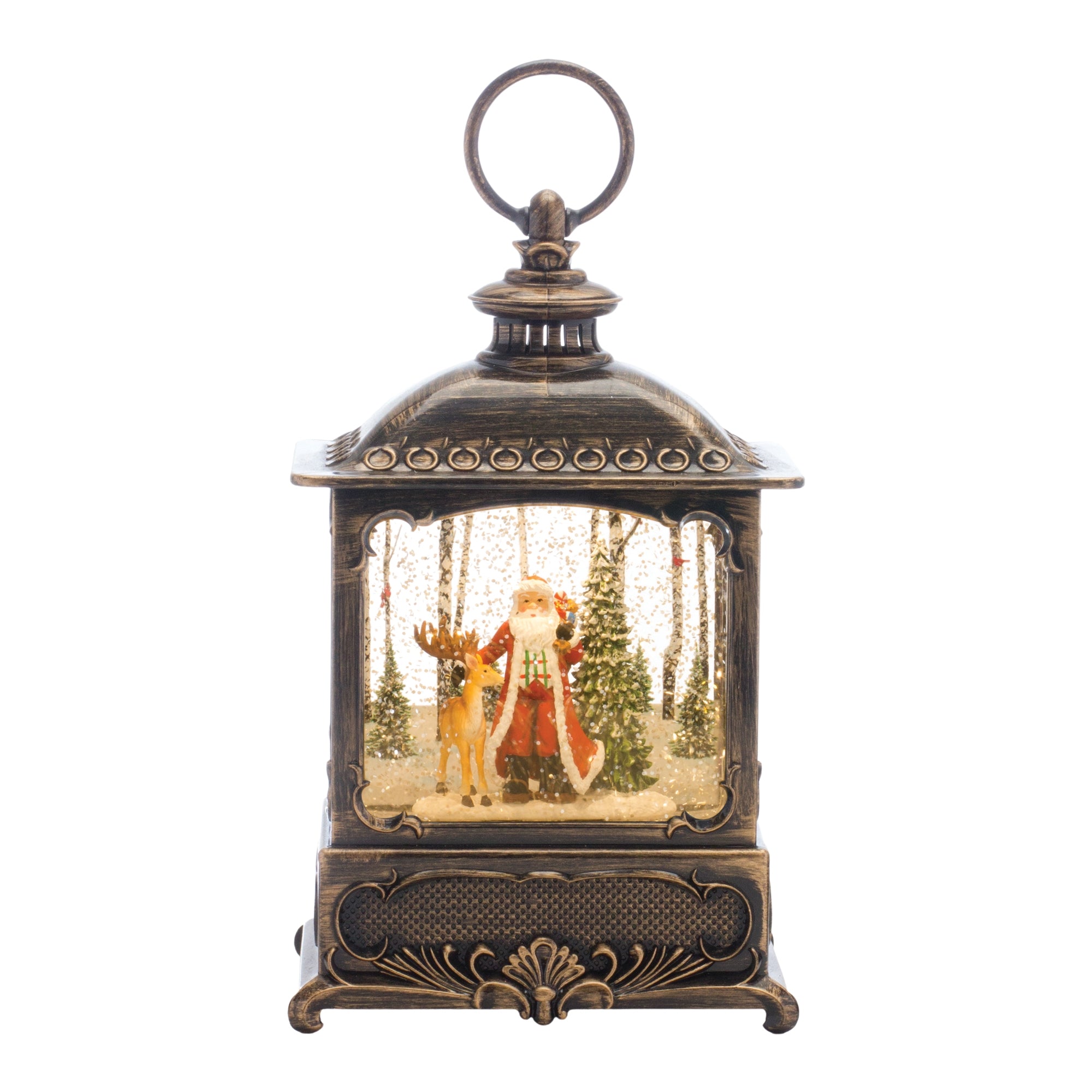 Snow Globe Santa and Deer 10.25”H  6 Hr Timer 3AA Batteries Not Included or USB Cord Included