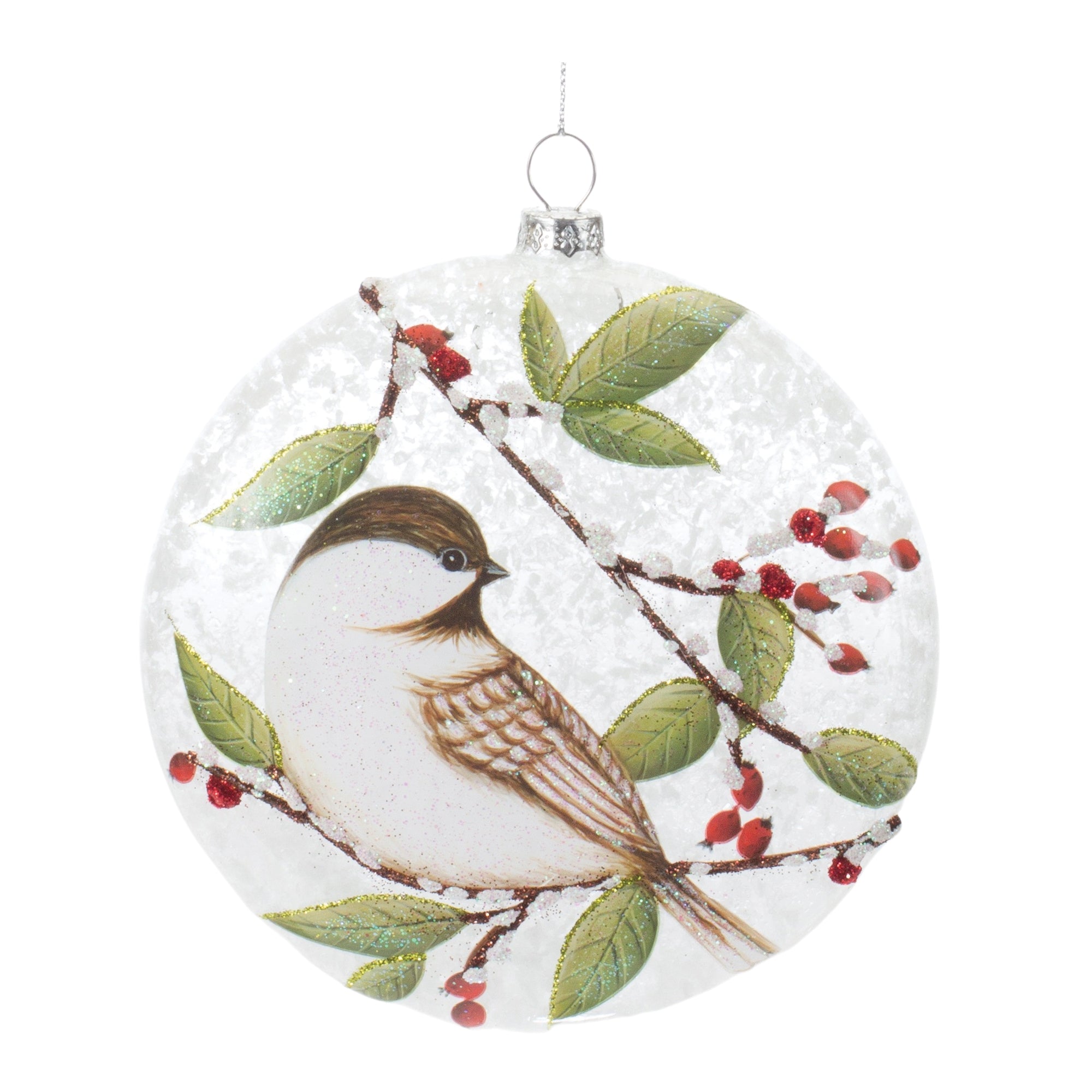 Chickadee Disc Ornament 5”H Glass
