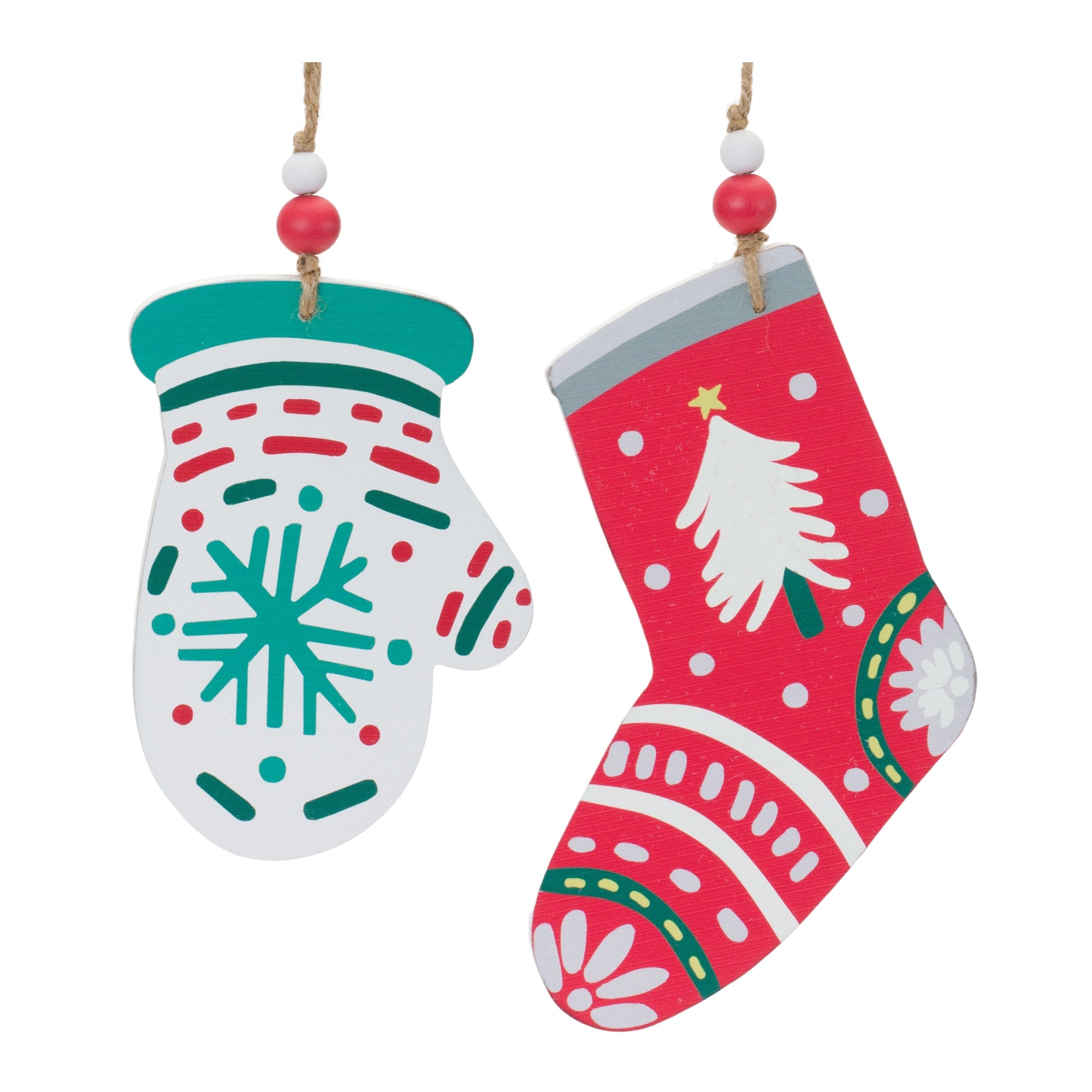 Mitten and Stocking Ornament (2 Asst) 7"H, 8"H Wood