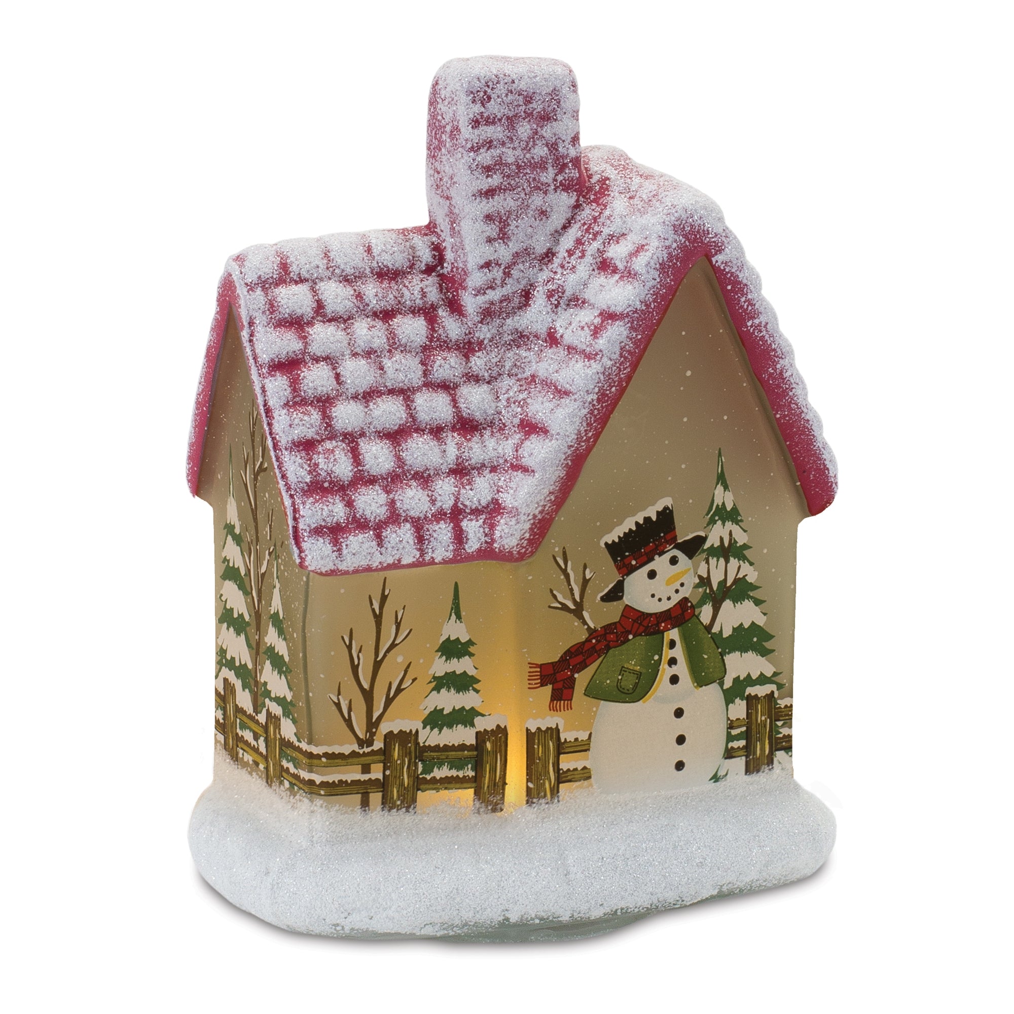 LED House w/Snowman 7.5”H Glass 2 AAA Batteries, Not Included