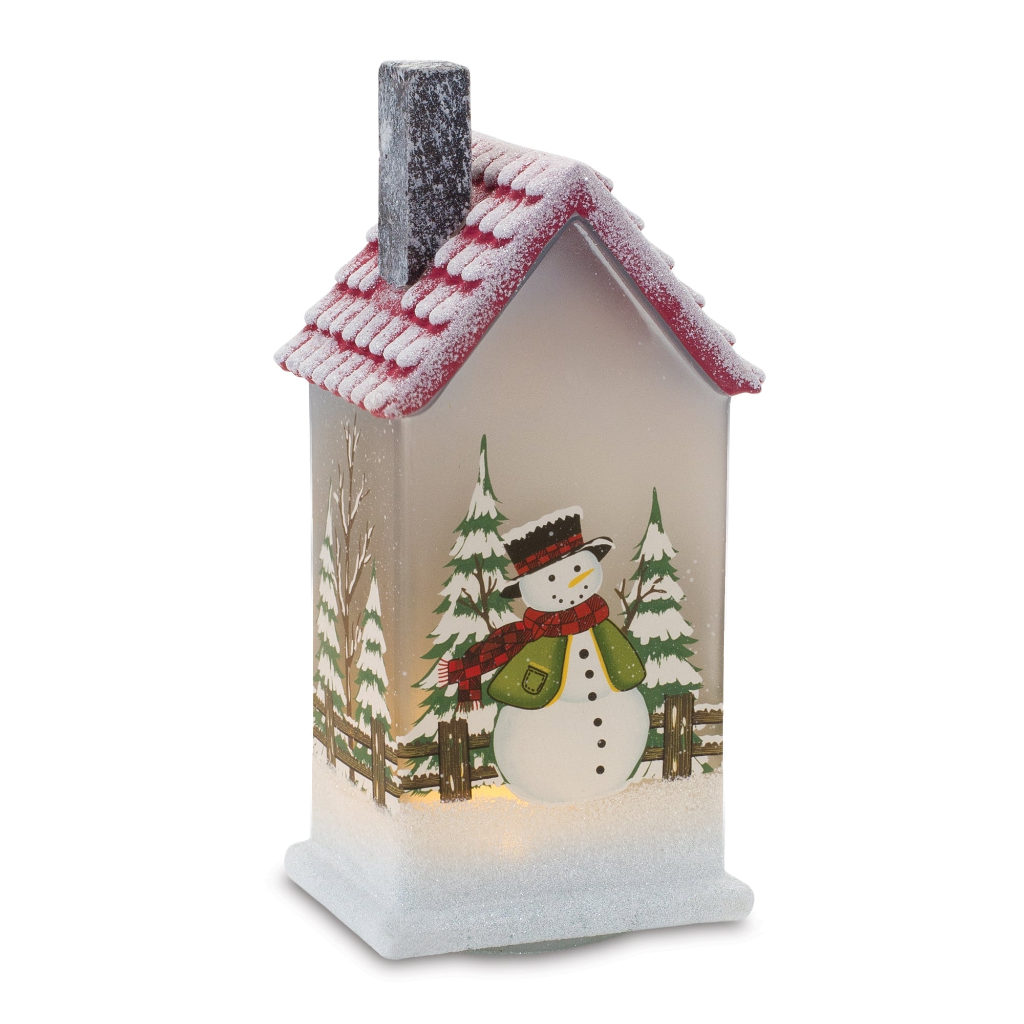 LED House w/Snowman 9”H Glass 2 AAA Batteries, Not Included