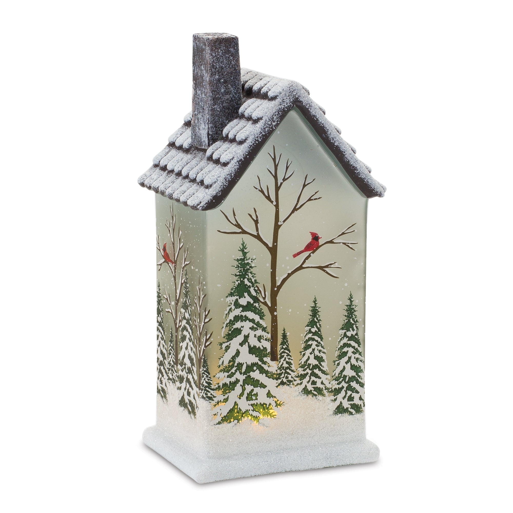 House w/Trees and Cardinal 9”H Glass 2 AAA Batteries, Not Included