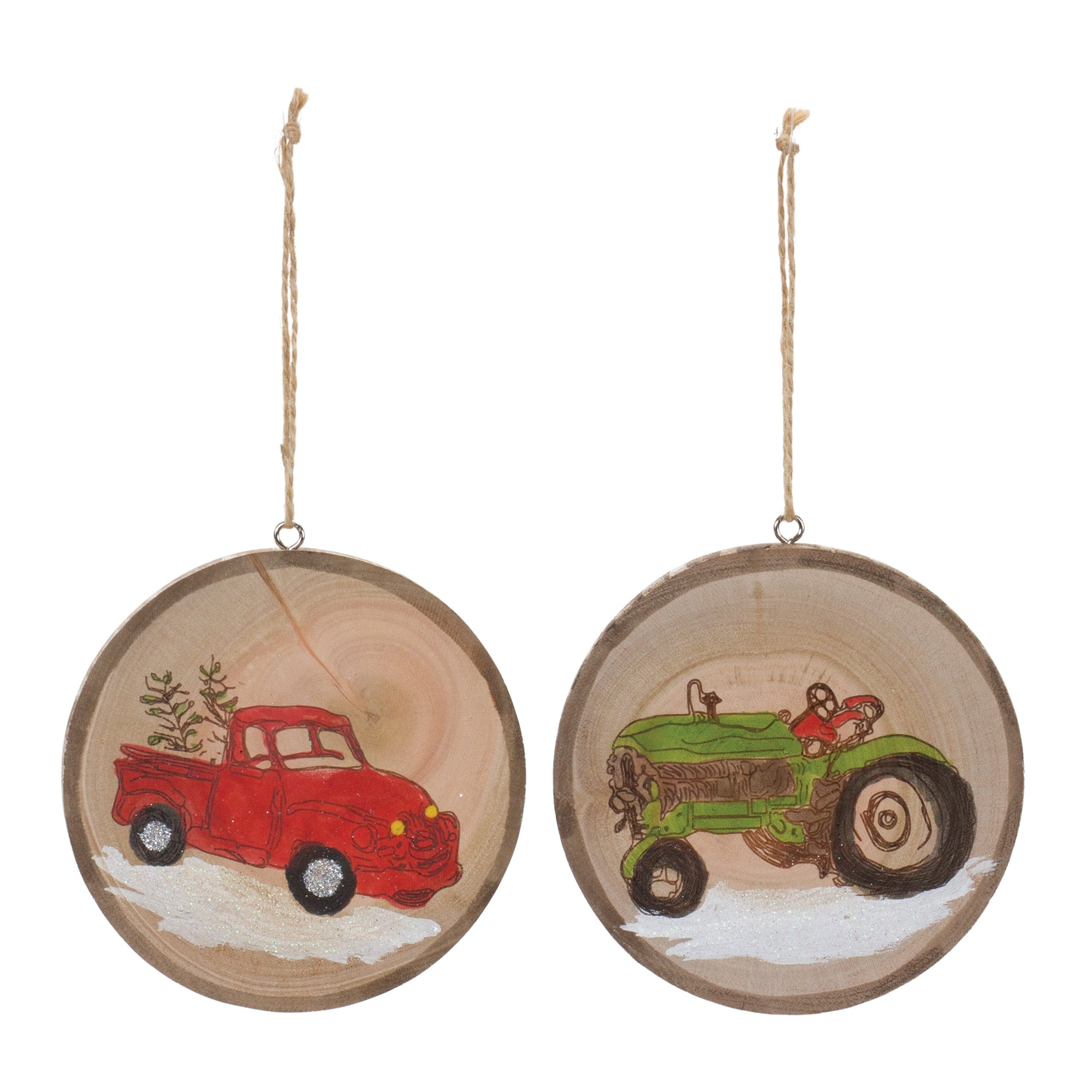 Tractor and Truck Disc Ornament (2 Asst) 4”H Wood