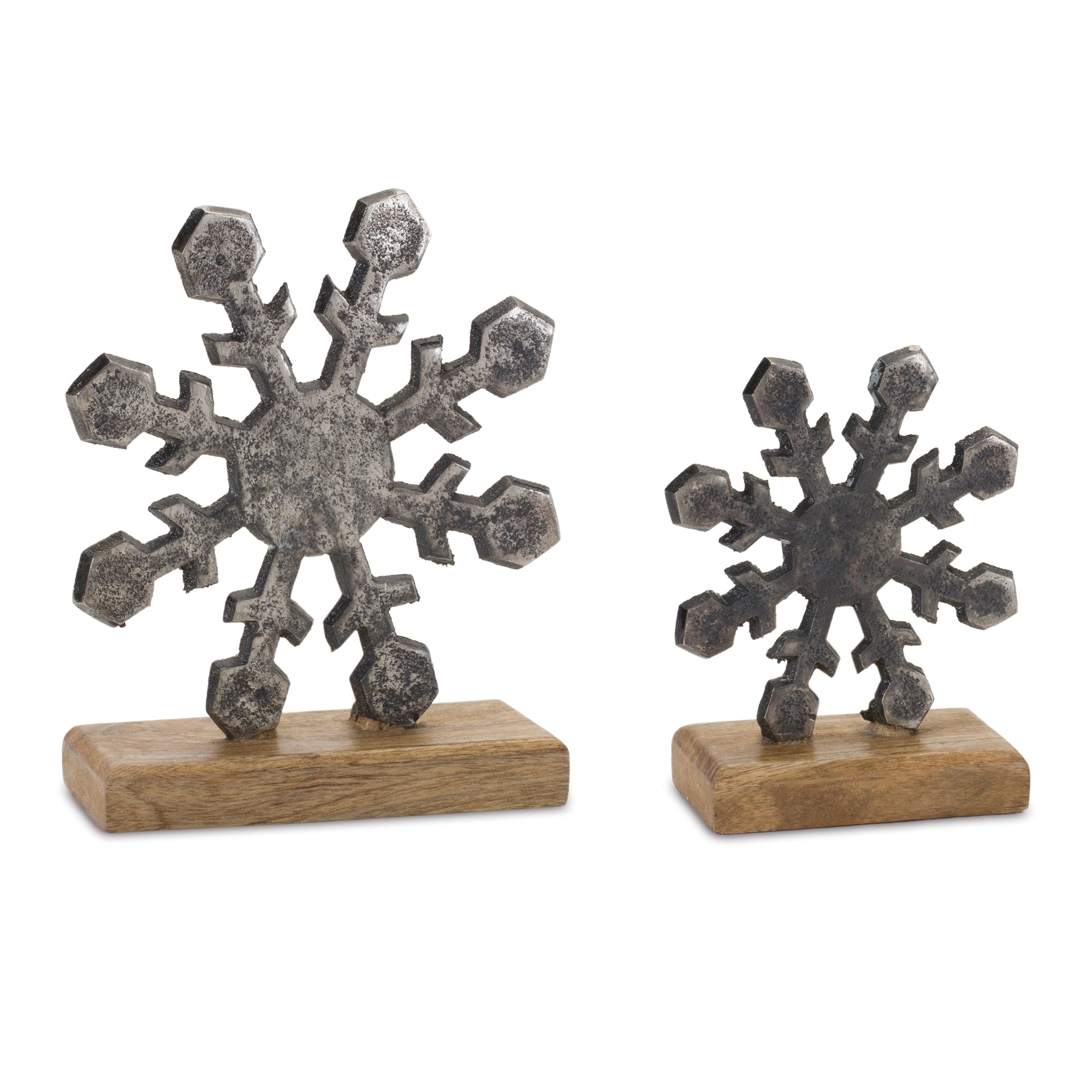 Snowflake On Stand (Set of 2) 5.75"H, 7.75"H Aluminum/Wood