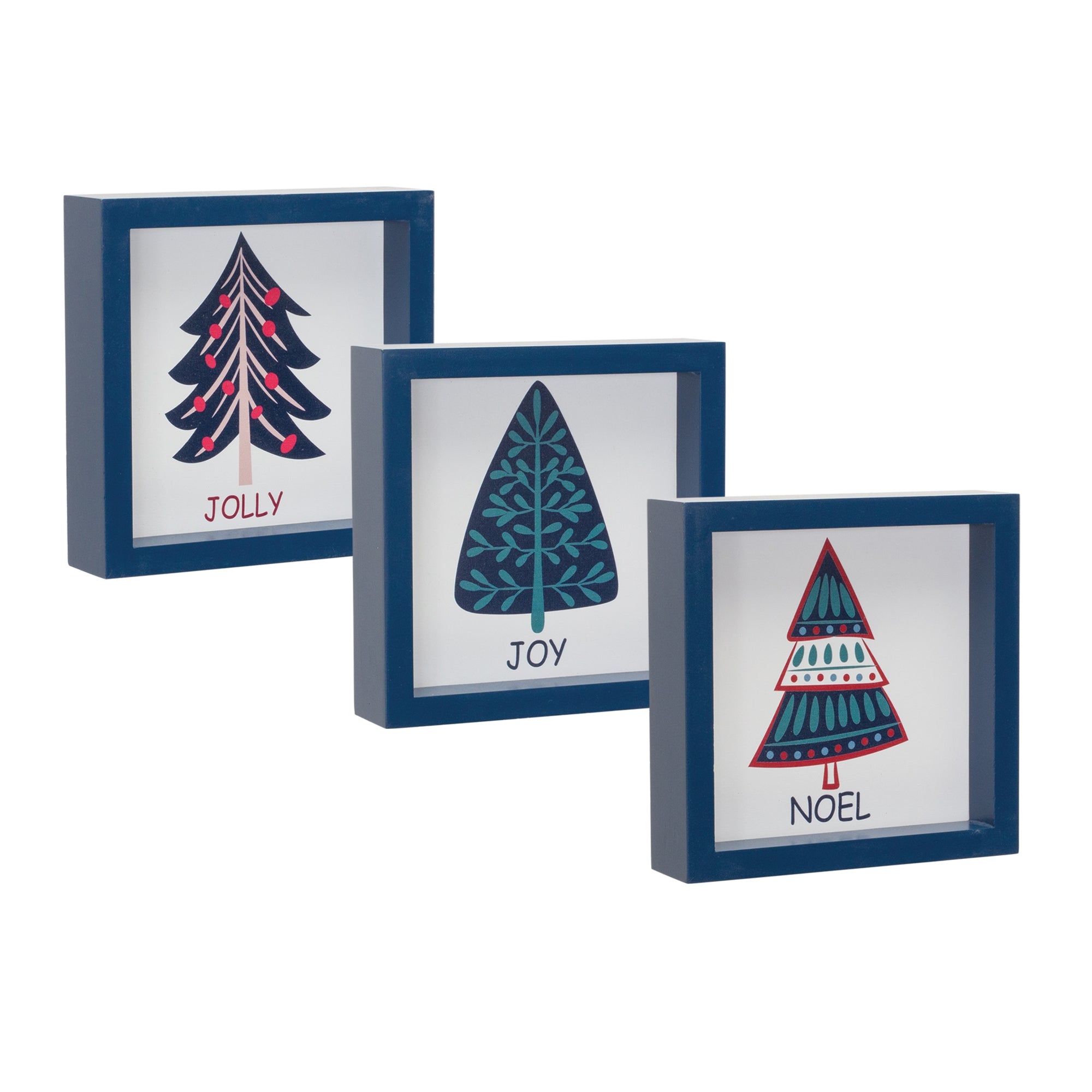 Noel, Jolly and Joy Tree Sign (3 Asst) 6”SQ Wood