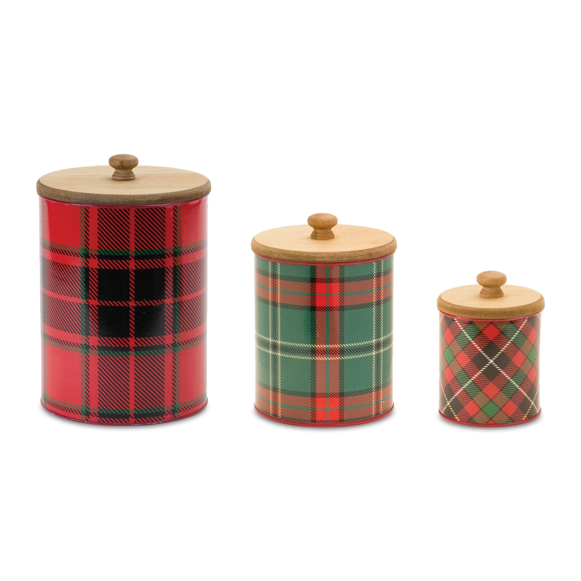 Plaid Canister (Set of 3) 5.25"H, 7.5"H, 9.5"H Metal/Wood