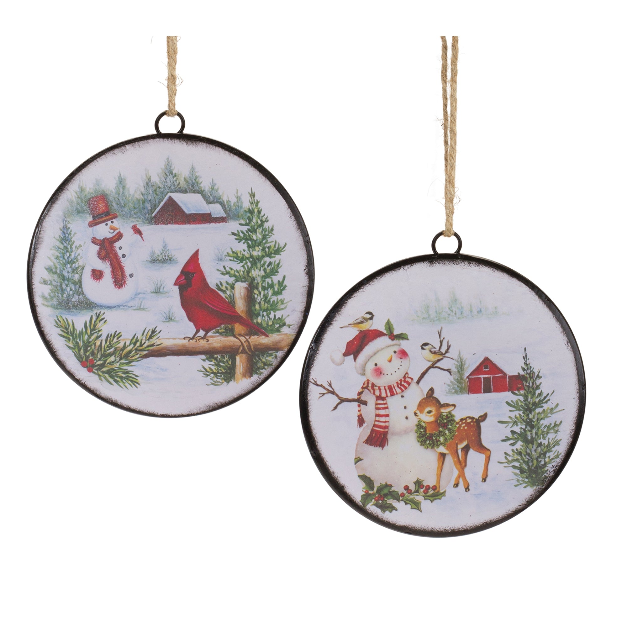 Snowman Disc Ornament (2 Asst) 6.5”H Metal