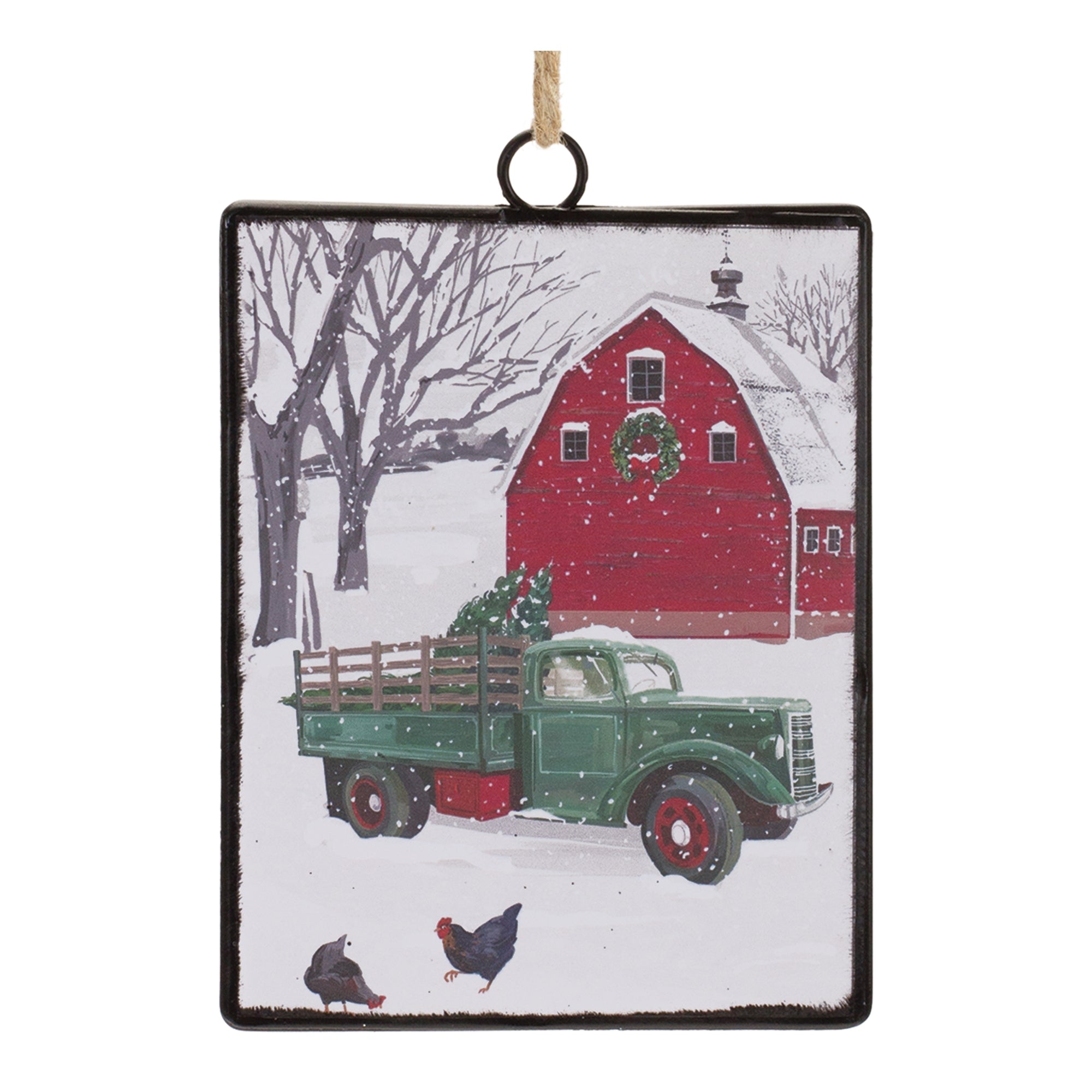 Truck and Barn Ornament 6.25”H Metal