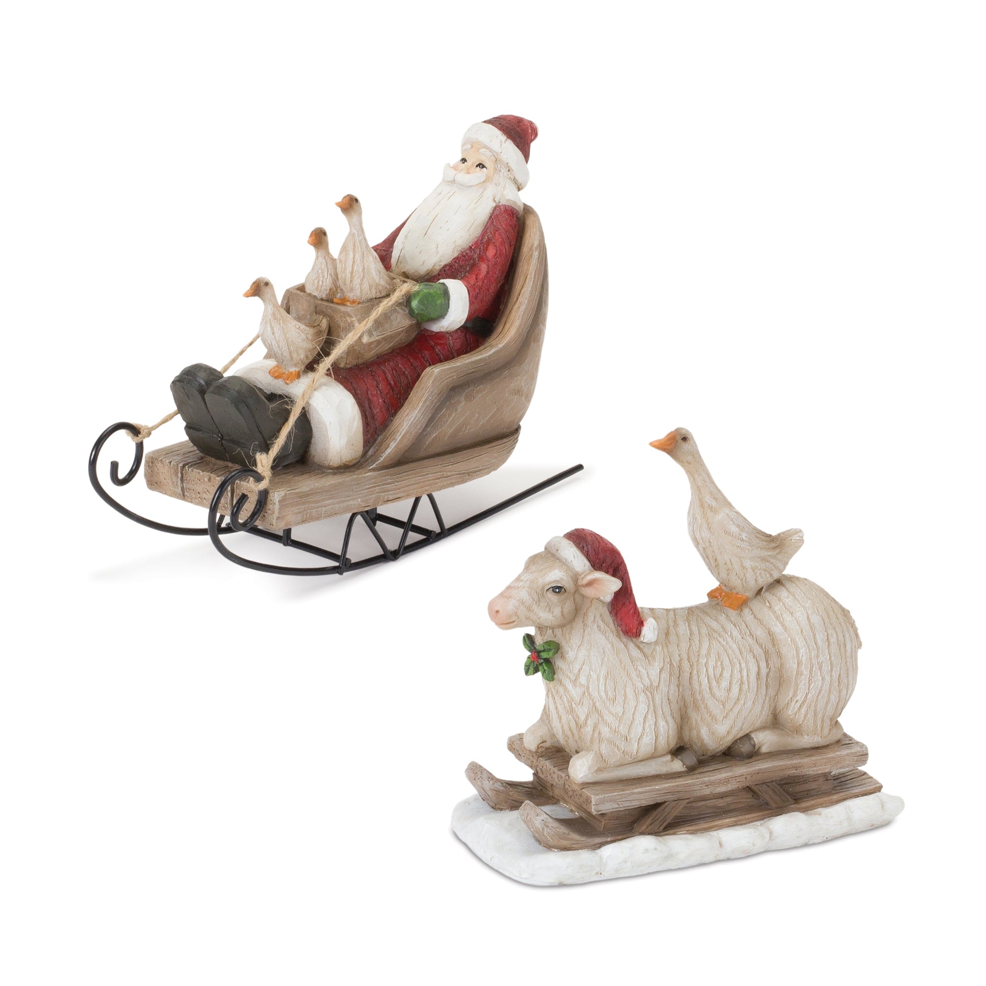 Santa and Animals on Sled (2 Asst) 7"L x 5"H, 5.5"L x 5.5"H Resin