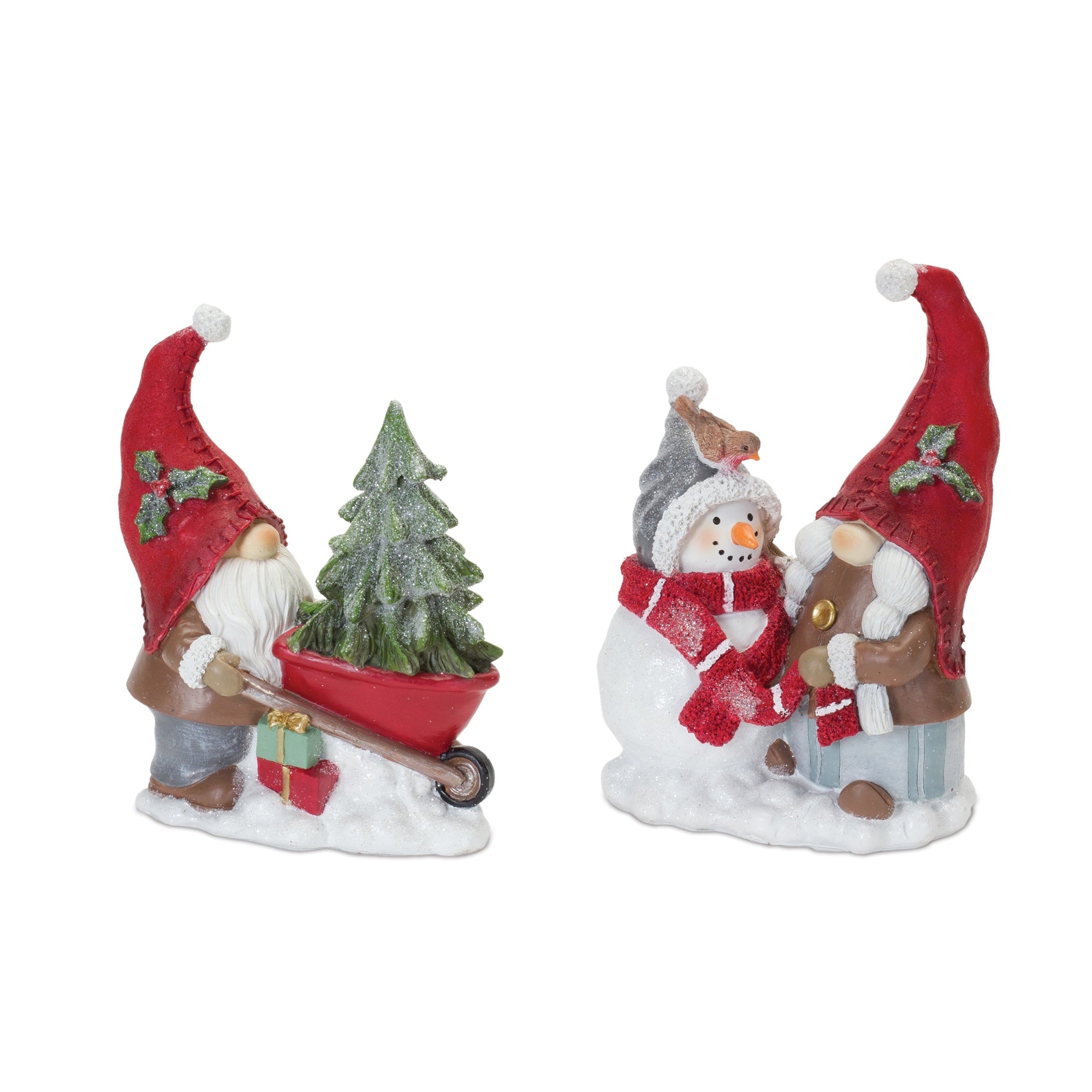 Gnome w/Wheelbarrow and Gnome w/Snowman (2 Asst) 7"H, 8"H Resin