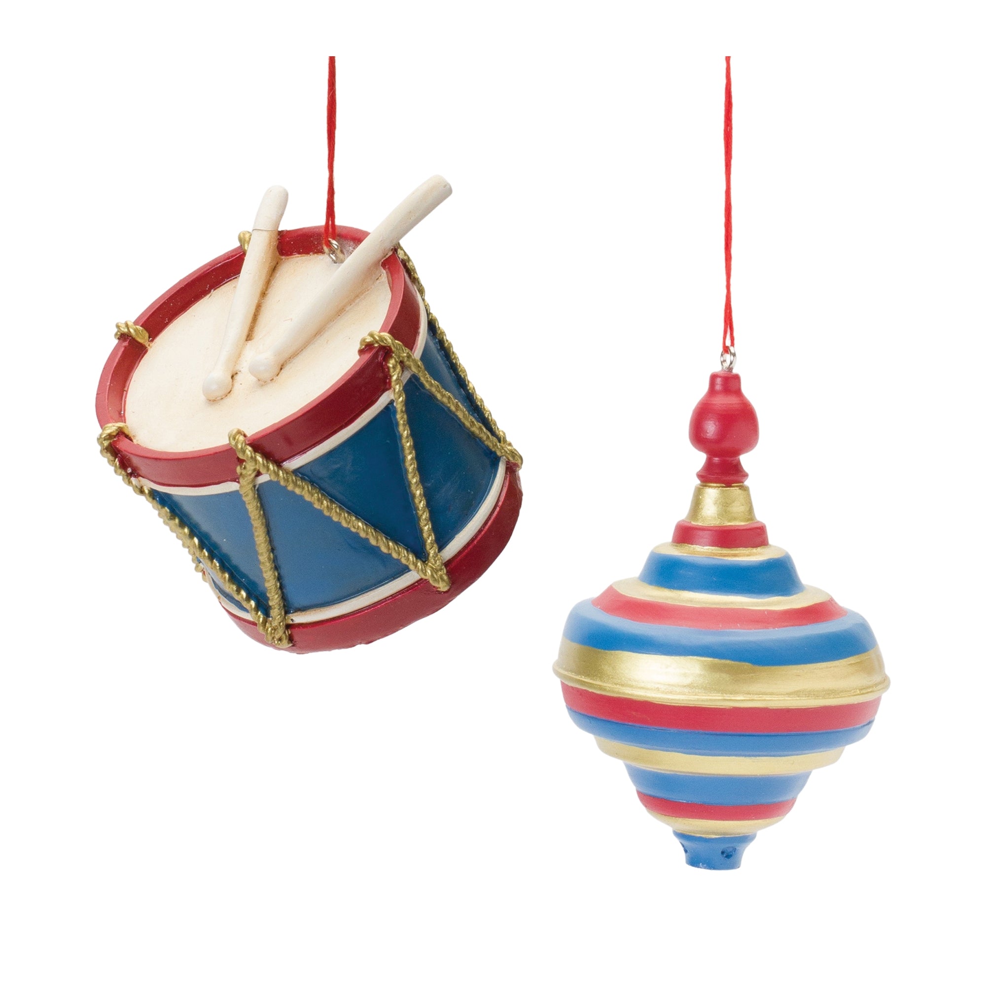 Drum and Top Ornament (2 Asst) 2.25"H, 3.75"H Resin