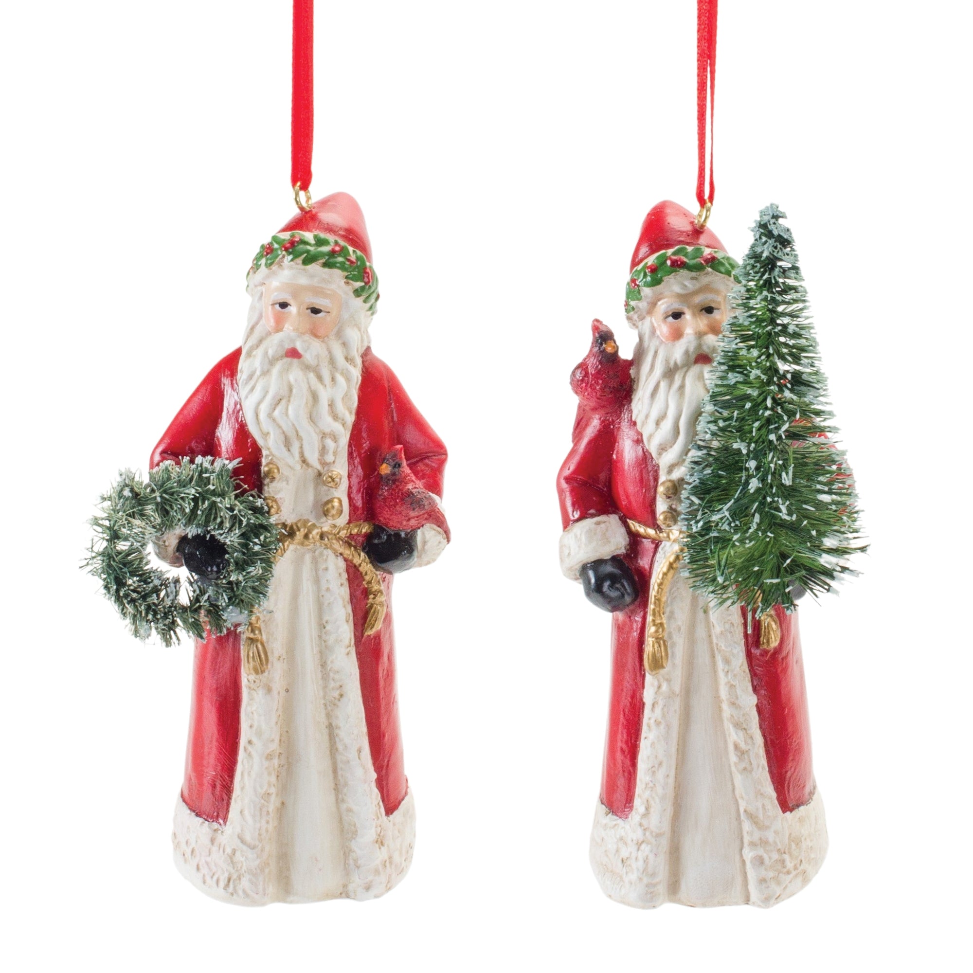 Santa w/Cardinal Ornament (2 Asst) 4.5”H Resin