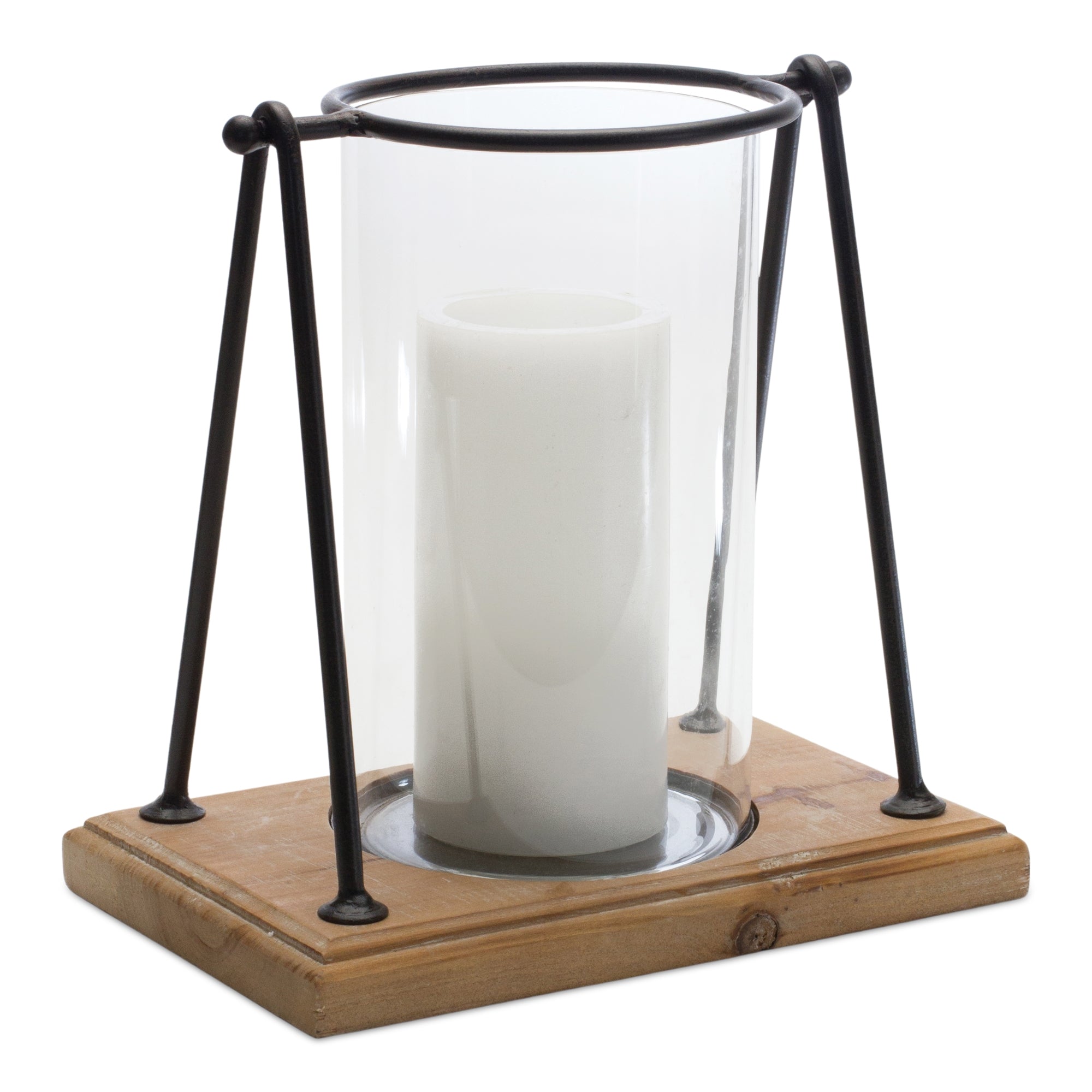 Candle Holder 9.75”H Wood/Iron/Glass