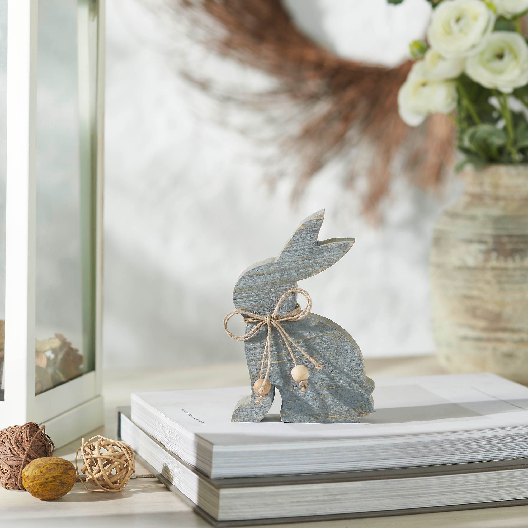 Bunny Hop Grey Wooden Sitting Bunny with Natural Bead Collar- Rustic Farmhouse Easter Decor