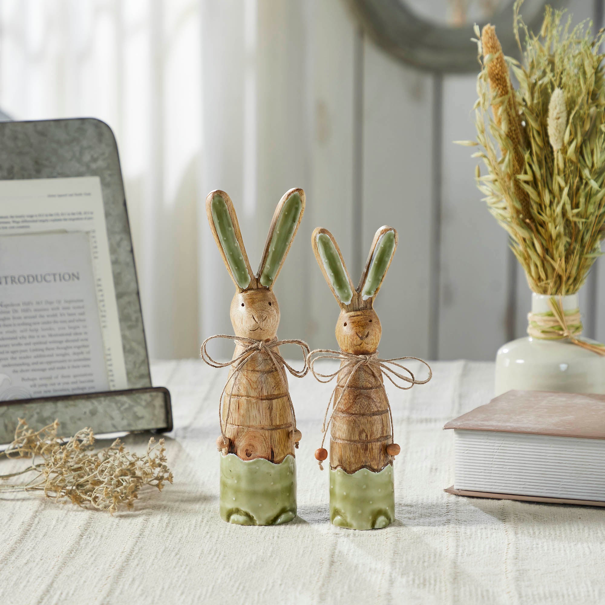 Bunny Hop Skinny Wooden Bunny Duo- Green Enamel Finish- Rustic Spring Easter Shelf Sitter Set- Set of 2 Sizes