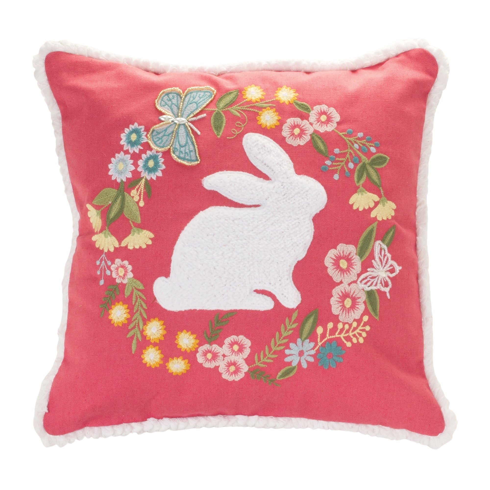 Rabbit and Floral Wreath Pillow 16”SQ Polyester