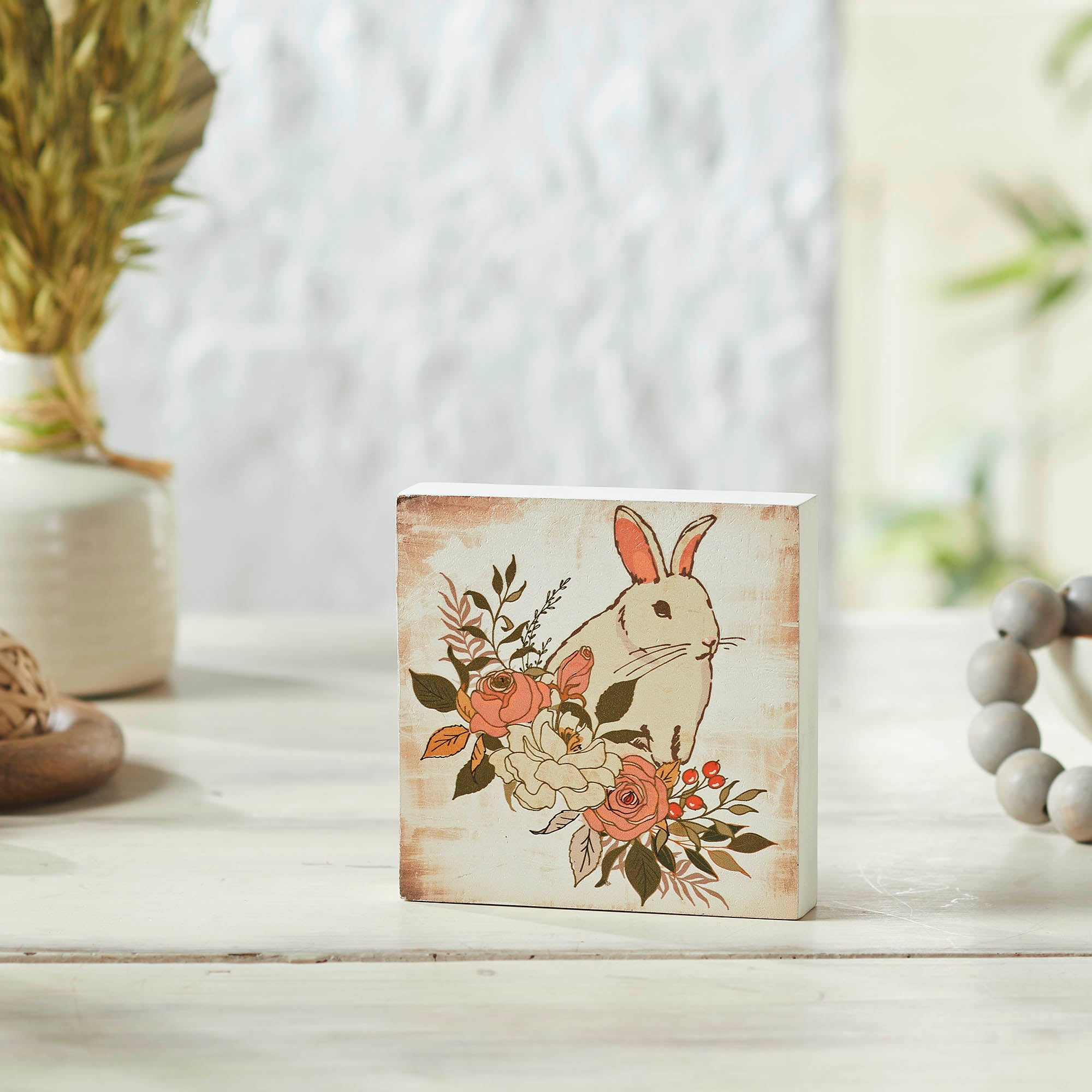 Bunny Hop Floral Bunny MDF Block Sign
