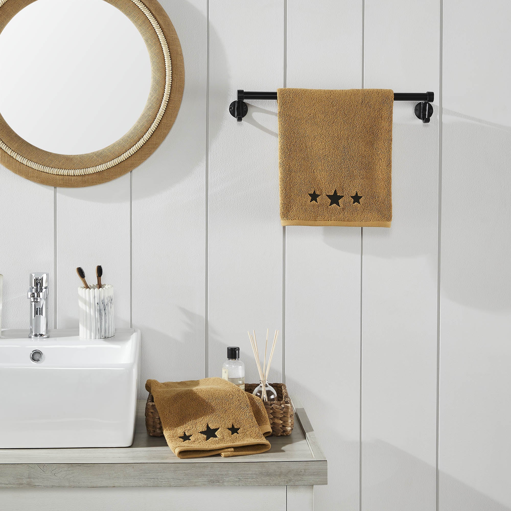Black Stars Tan Hand Towel Set of 2