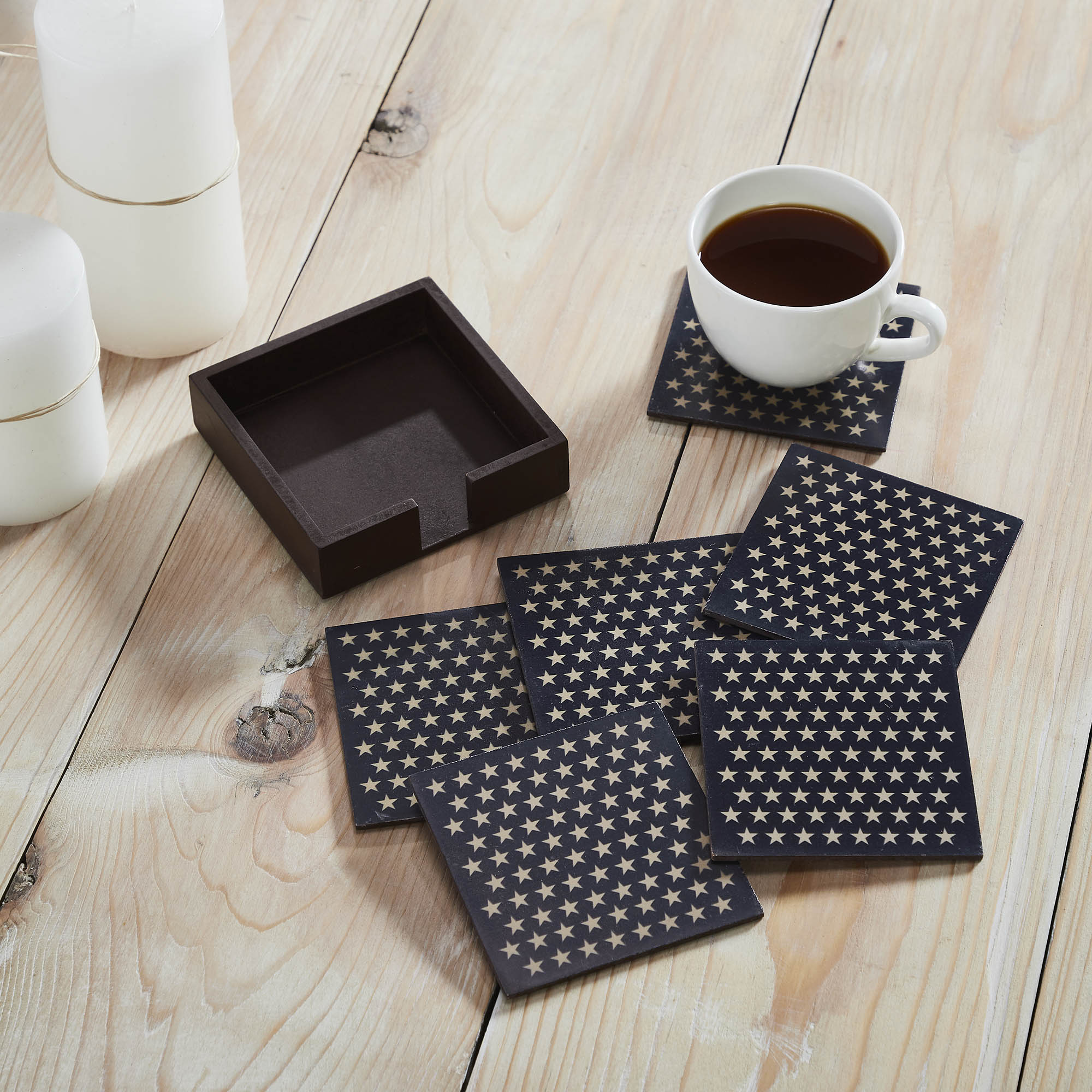 White Stars On Navy MDF Coaster w/ Container Set of 6