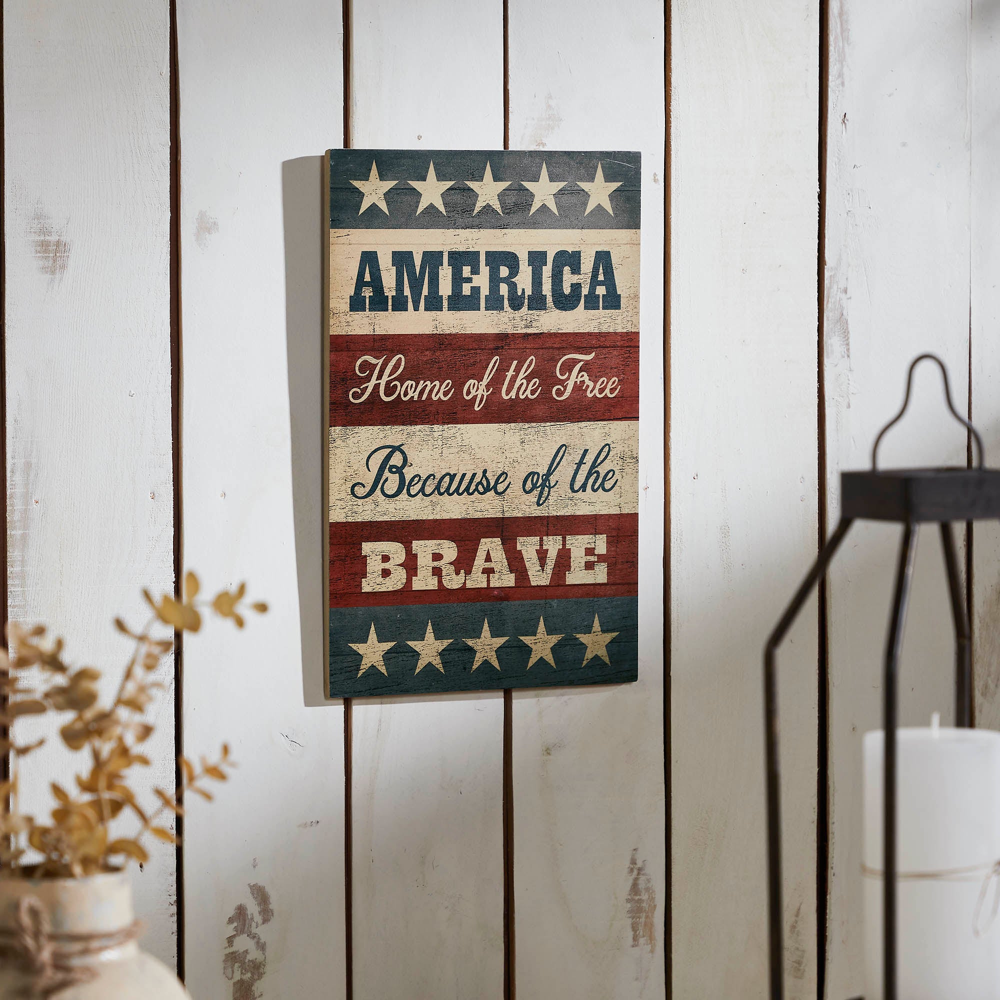AMERICA Home Of The Free Because Of The Brave w/ Stars & Stripes MDF Wall Sign