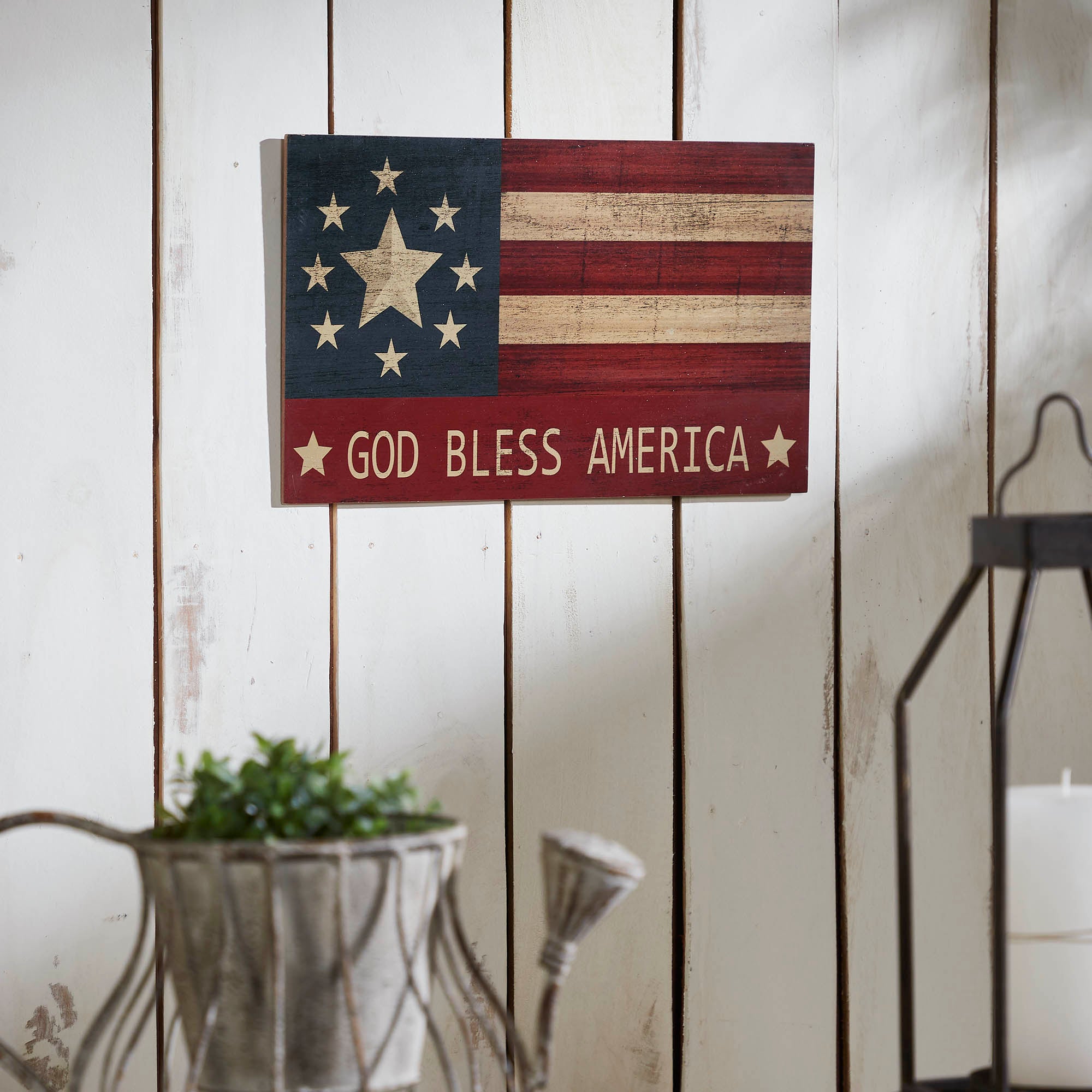 GOD BLESS AMERICA On Vintage American Flag MDF Wall Sign