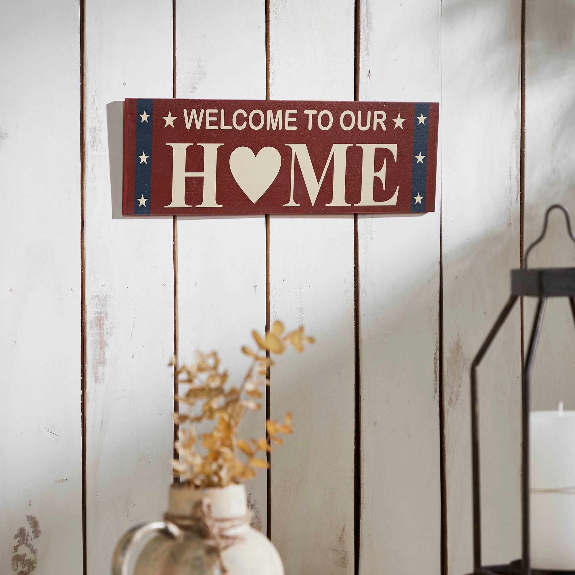 Welcome To Our Home w/ White Stars On Blue Stripes MDF Wall Sign