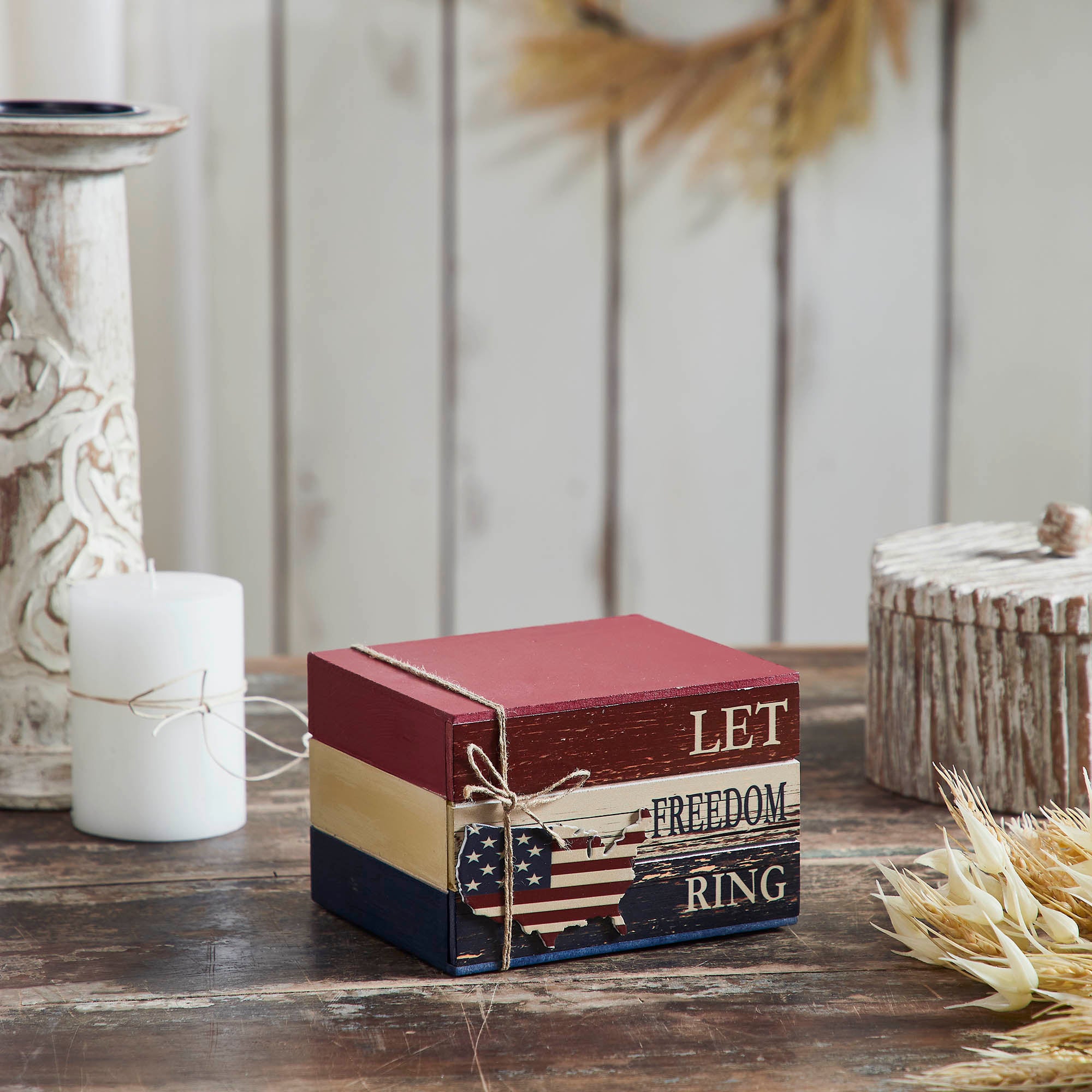 Let Freedom Ring MDF Block Sign w/ American Map Ornament On Twine