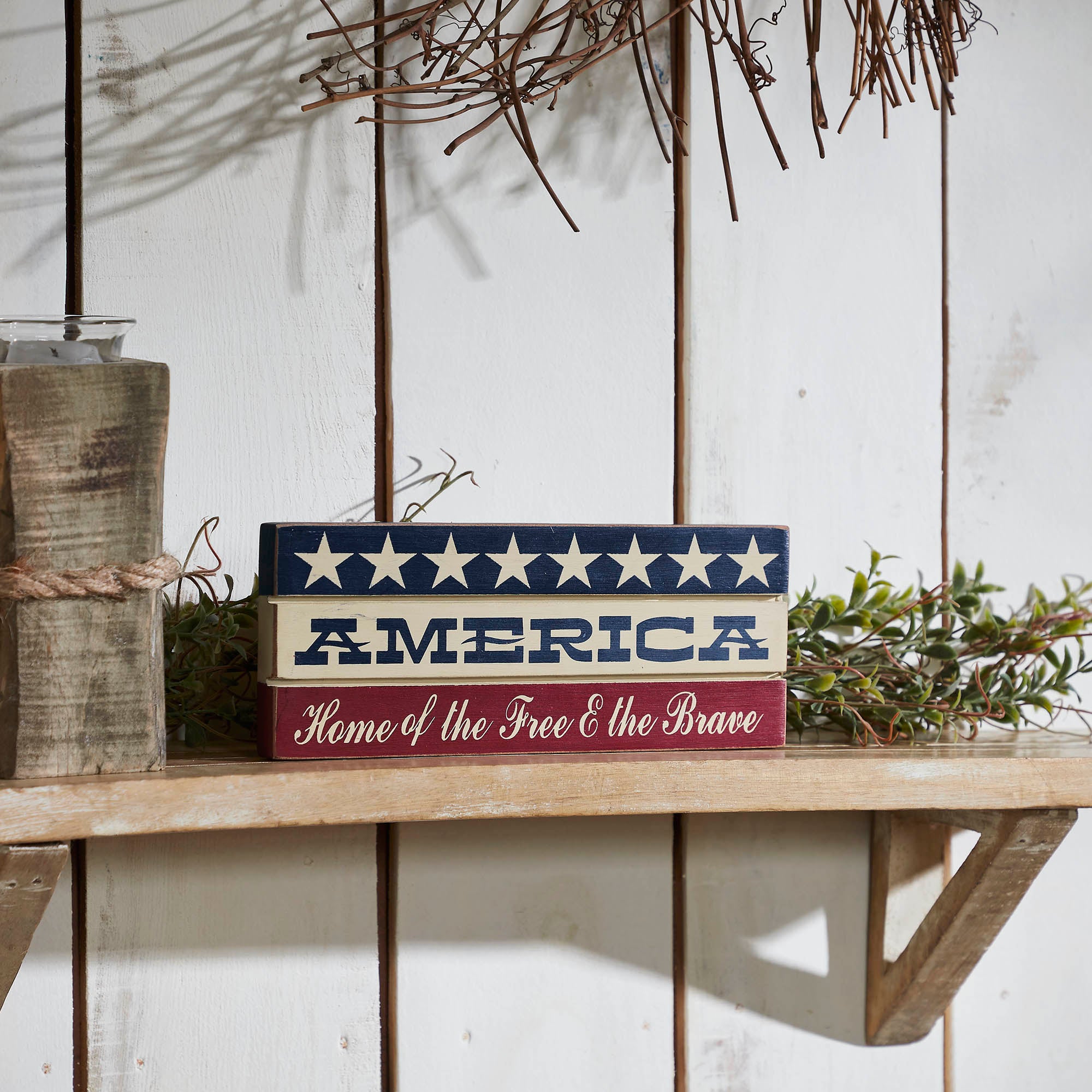 AMERICA Home Of The Free And The Brave w/ White Stars On Blue Stripe MDF Sign