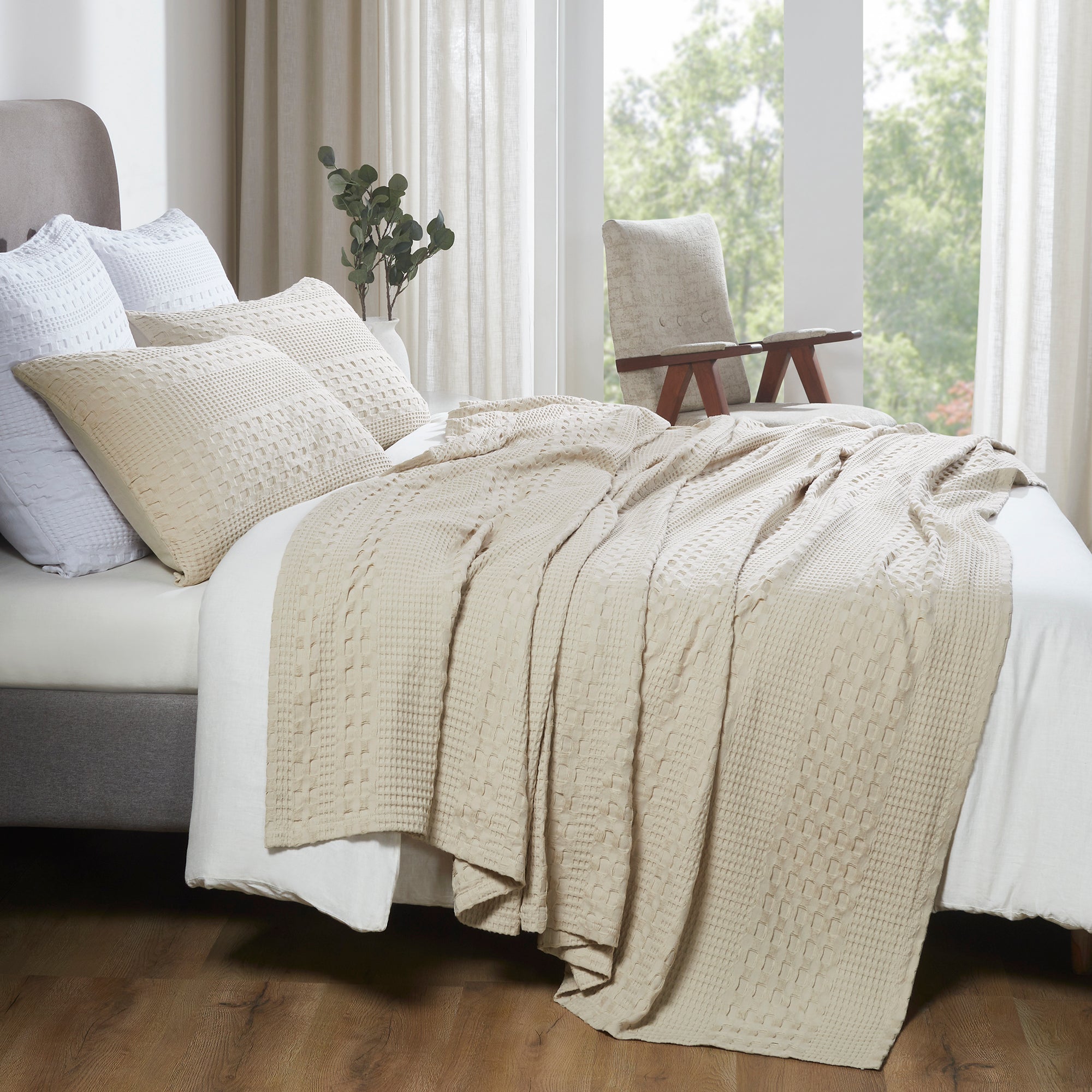 Natural Cream Waffle Weave Cotton King Blanket - 108x90 - Lightweight Bed & Sofa Cover -