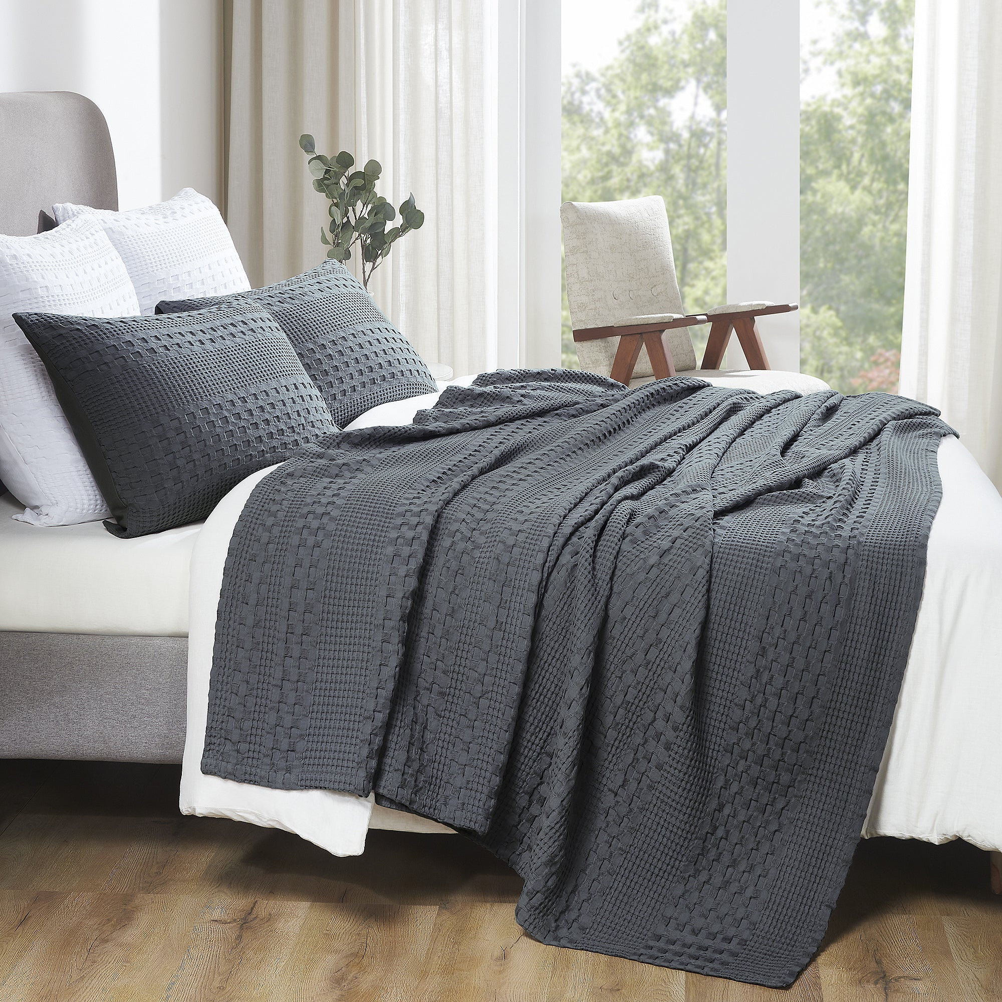 Dark Gray Waffle Weave Cotton King Blanket - 108x90 - Lightweight Bed & Sofa Cover -