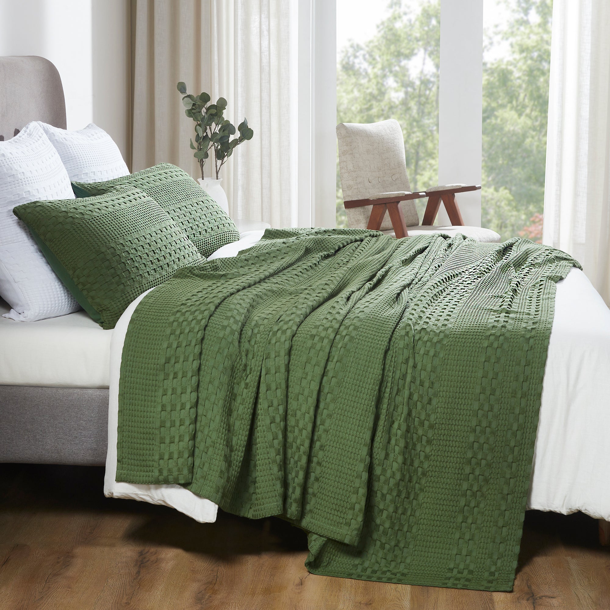 Olive Green Waffle Weave Cotton Twin Blanket - 66x90 - Lightweight Bed & Sofa Cover -