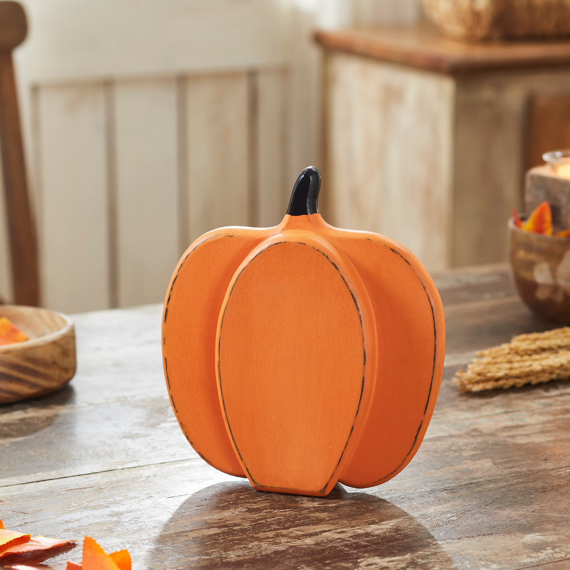 Rustic Orange Wooden Pumpkin Fall Harvest Tabletop Decor Accent Inch