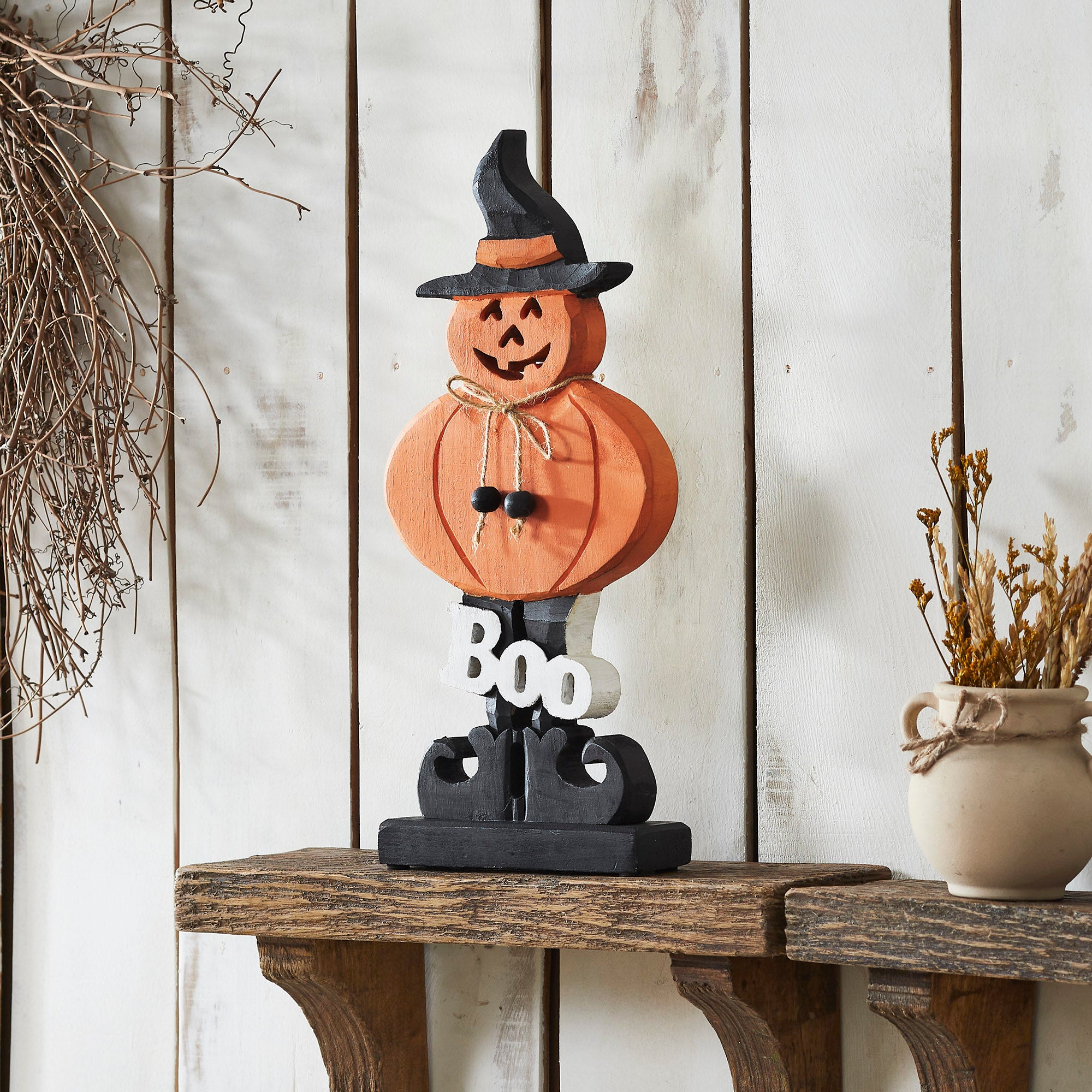 Boo Wooden Jack O Lantern Halloween Fall Seasonal Decor Rustic Carved Wood Tabletop Accent 15.5 H x 7.25 W x 2 D
