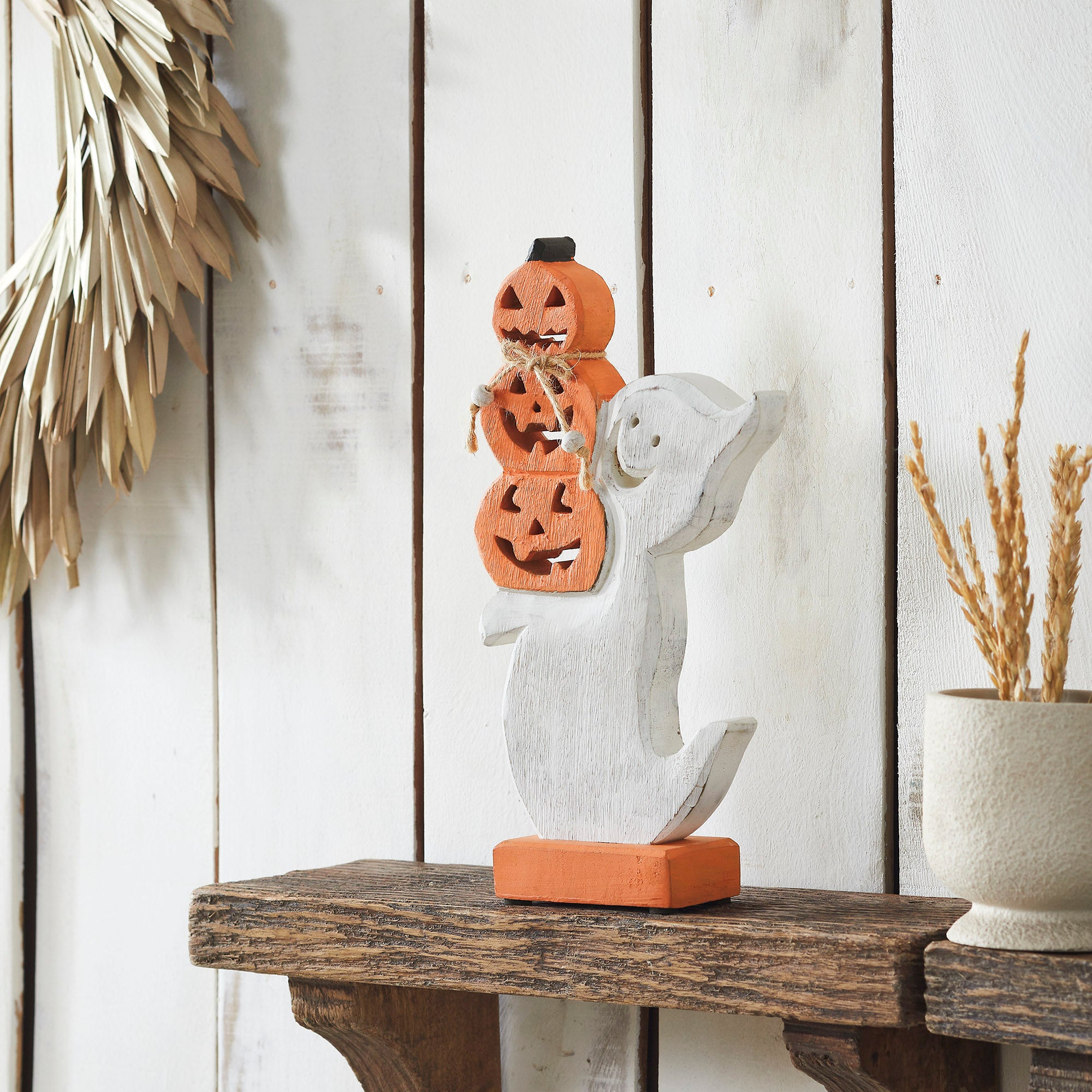 Halloween Wooden Stacked Jack O Lantern Ghost Tabletop Decor Figurine Inch