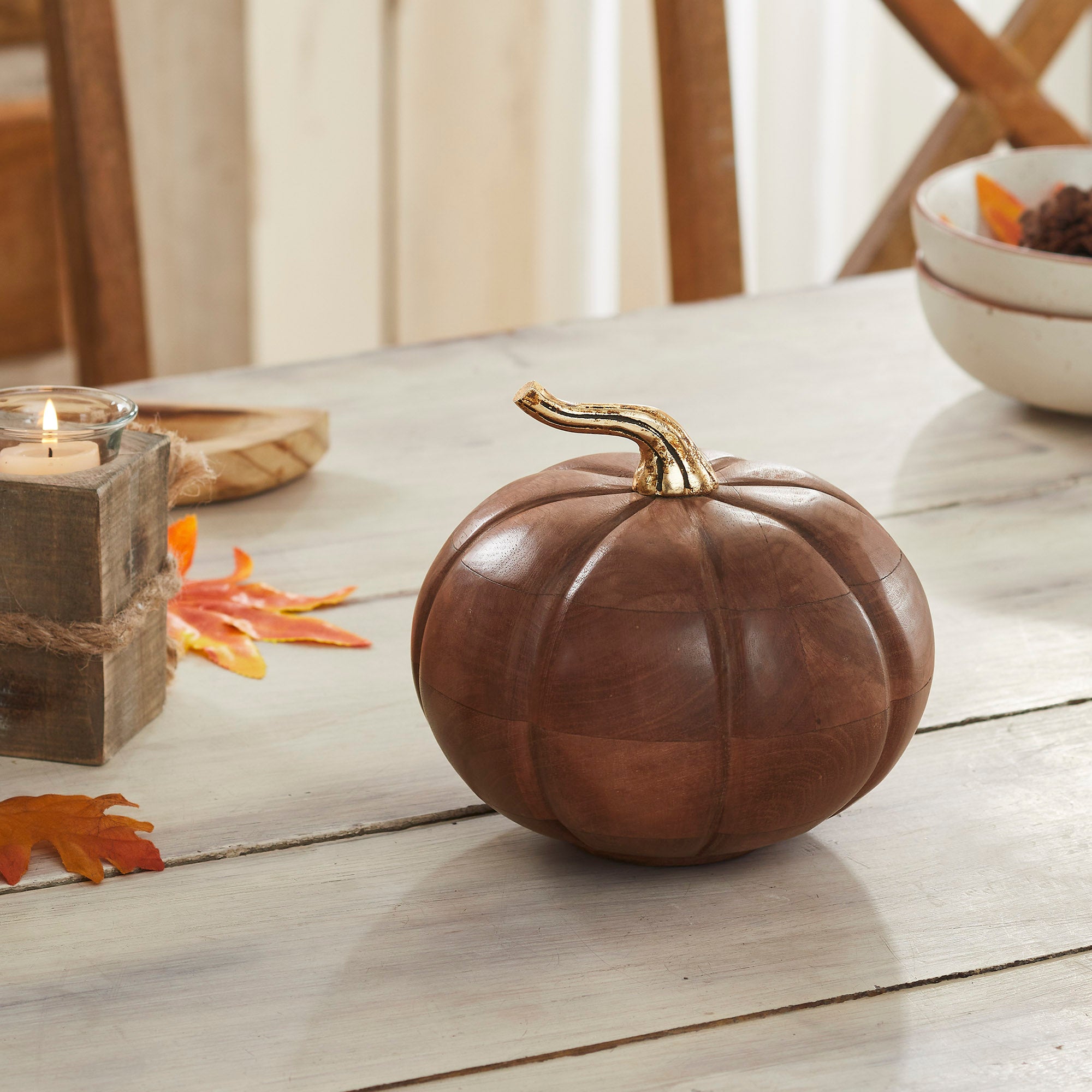 Heirloom Rustic Wooden Pumpkin Decor Chestnut Solid Wood Handcrafted Fall Autumn Harvest Tabletop Accent Inches