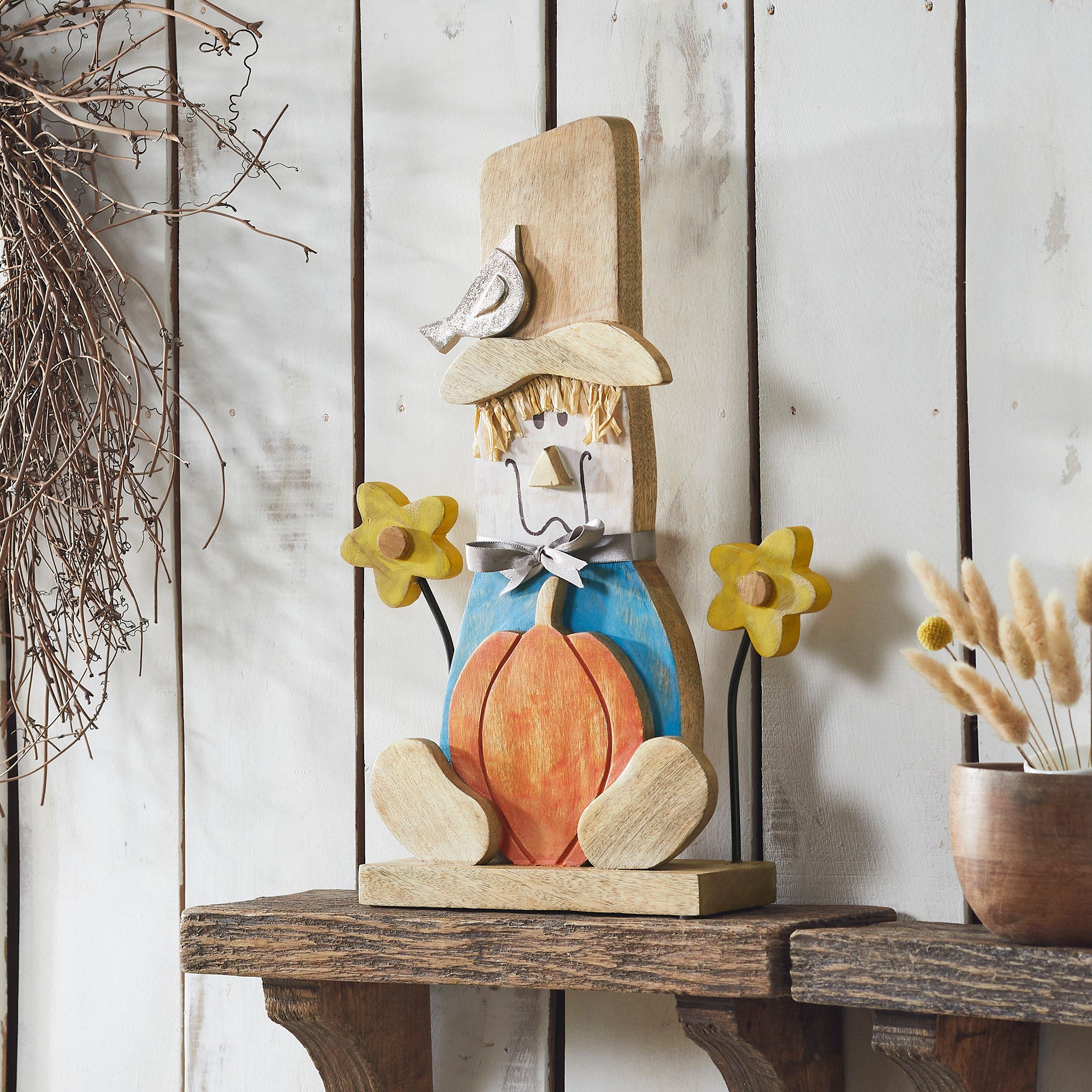 Whimsical Wooden Scarecrow Fall Outdoor Decor for Garden & Porch Rustic Hand Painted Harvest Home Accent 16.5in H