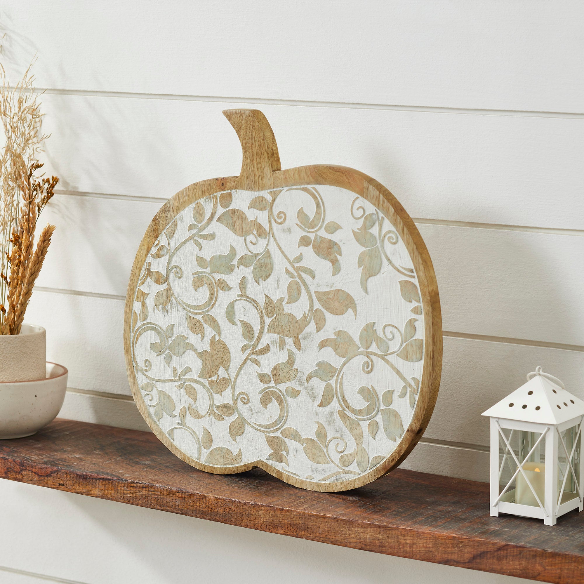 Whitewash Wood Carved Vine Pumpkin Fall Harvest Tabletop Decor Inch