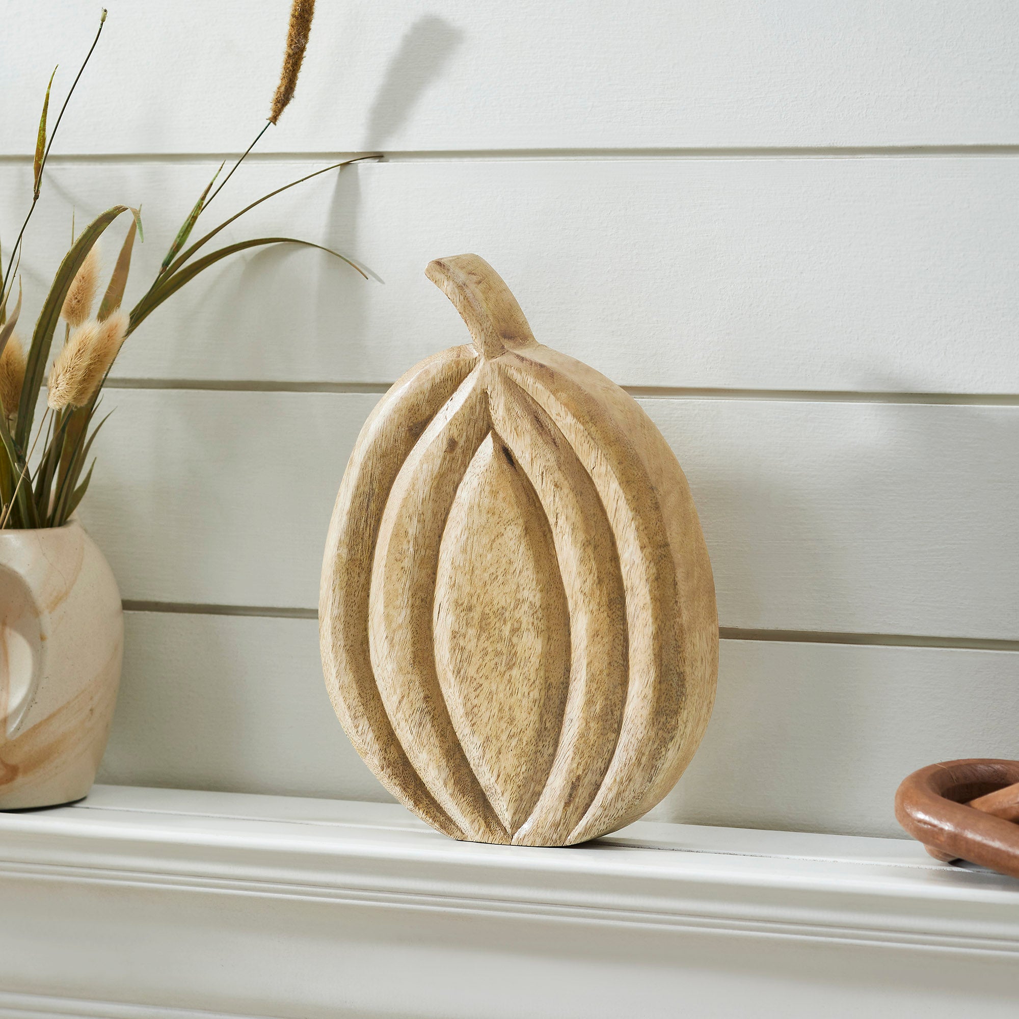 Natural Carved Wooden Pumpkin Fall Farmhouse Tabletop Decor Rustic Solid Wood Autumn Accent inches