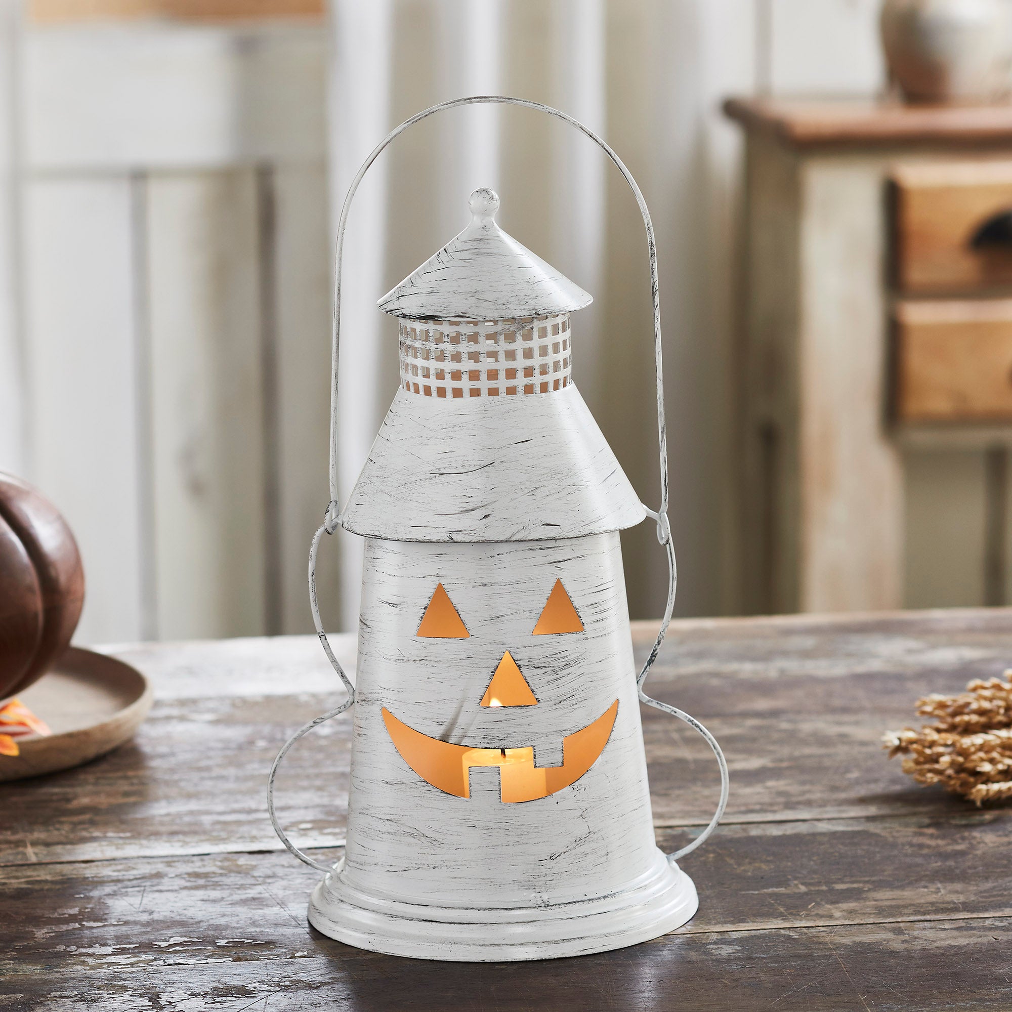 Antique White Distressed Halloween Decorative Metal Lantern Spooky Tealight Candle Holder Fall Seasonal Home Accent