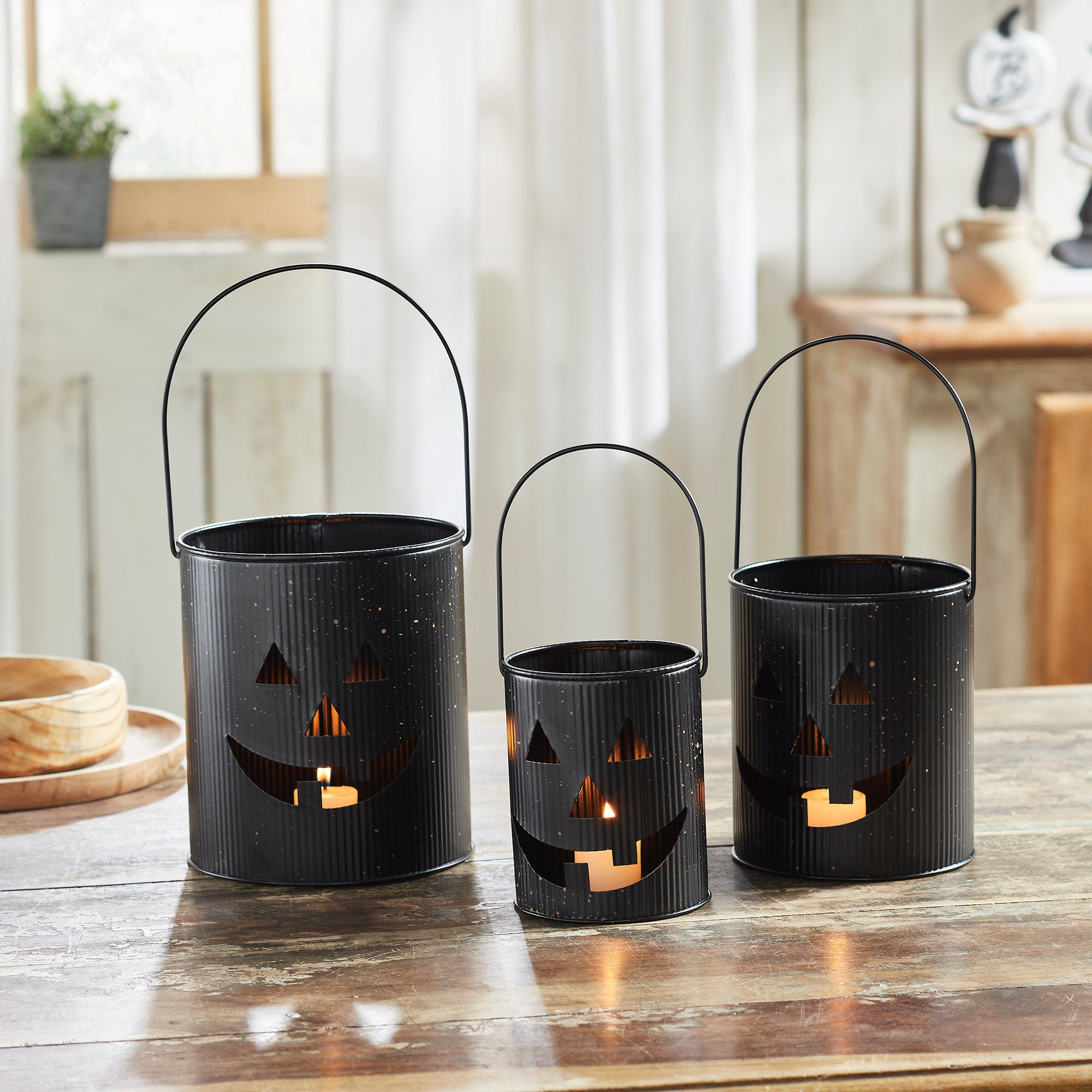 Black Halloween Jack O Lantern Metal Candle Holders Set of 3