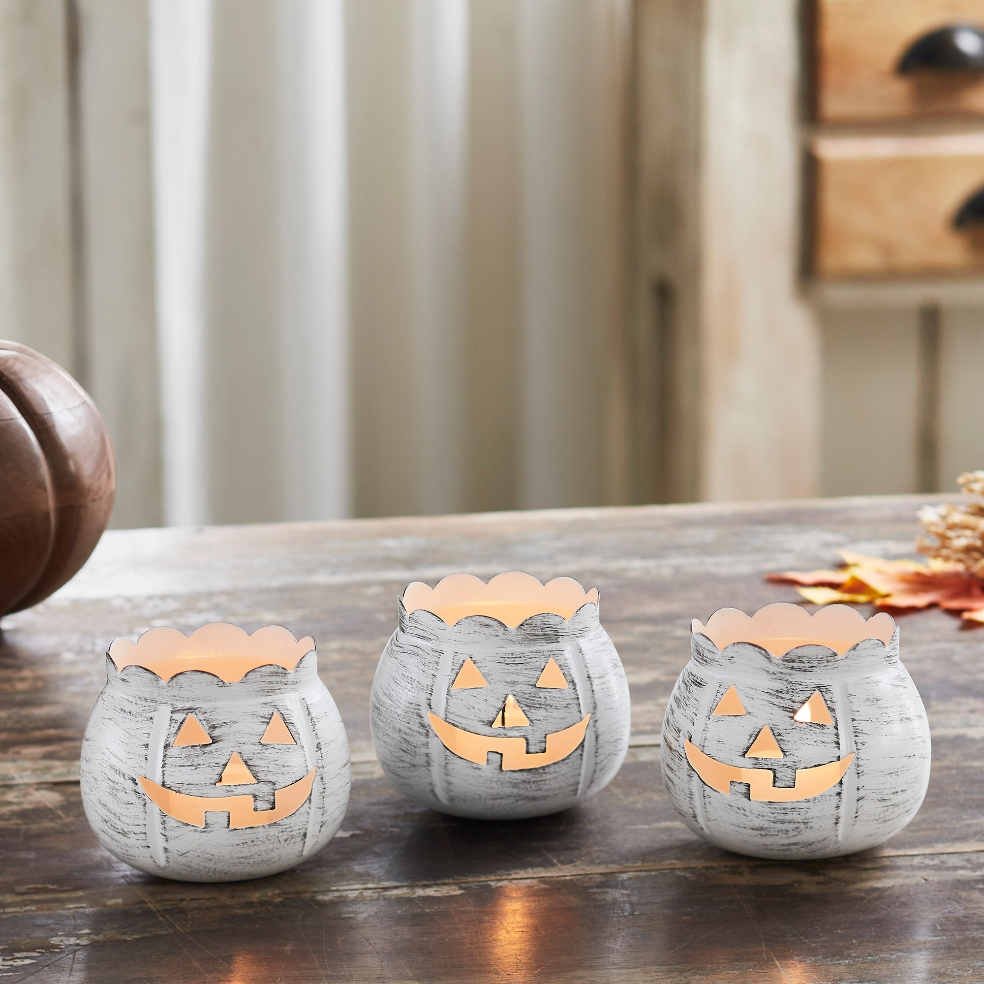 Antique White Rustic Farmhouse Jack O Lantern Votive Tealight Candle Holders, Set of 3 for Halloween Fall Autumn Tabletop Decor & Centerpieces
