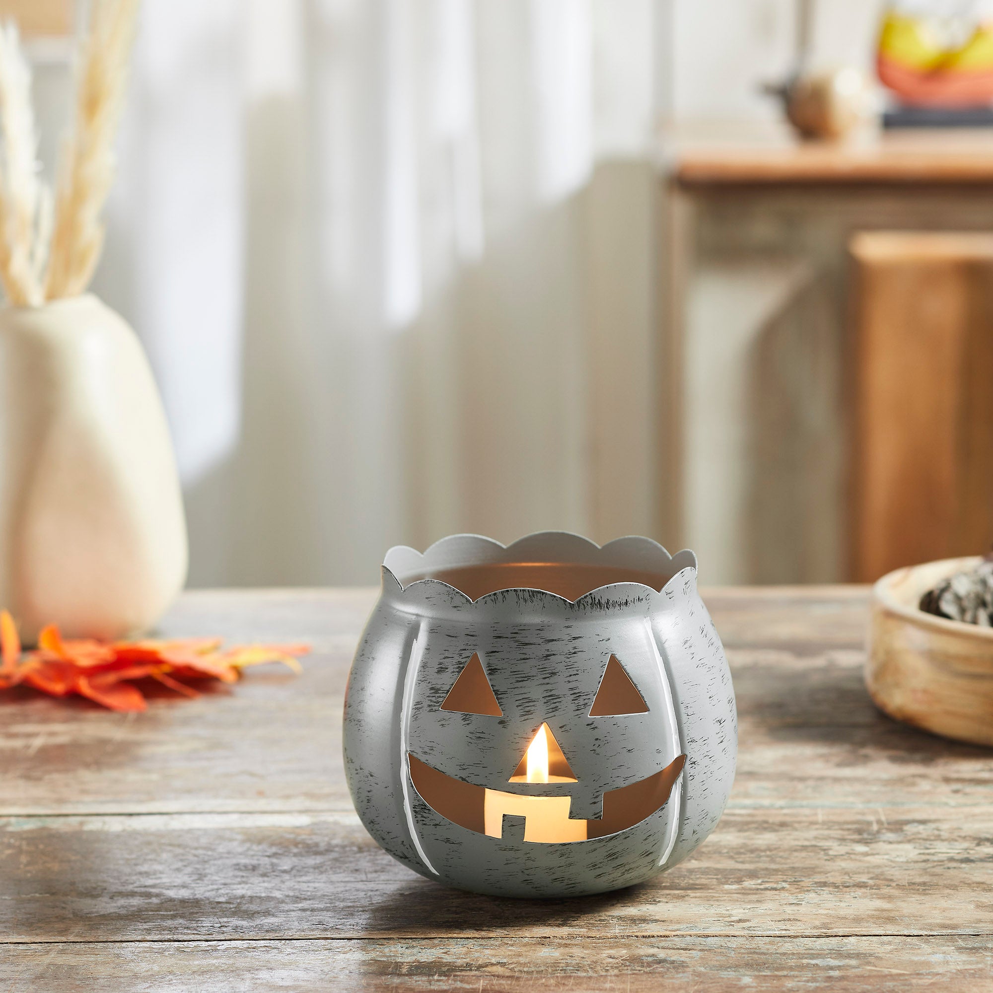 Decorative Halloween Jack O Lantern Candle Holder Antique Grey Fall Tabletop Decor