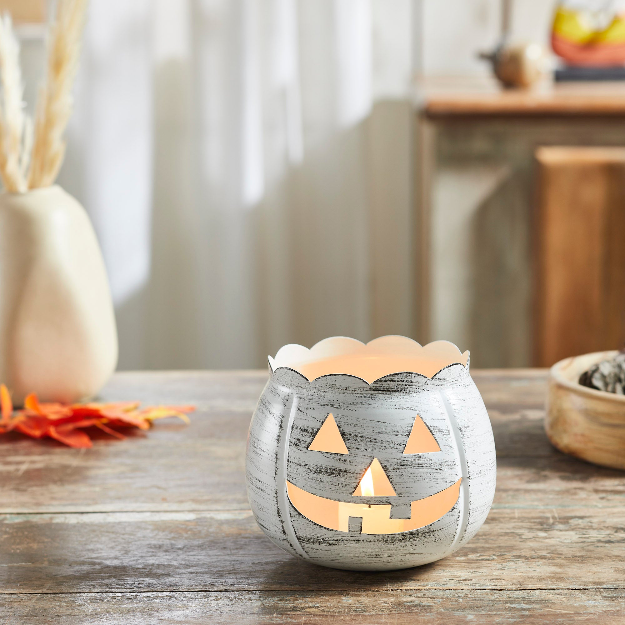Halloween Jack O Lantern Pumpkin Candle Holder Antique White Fall Tabletop Decor