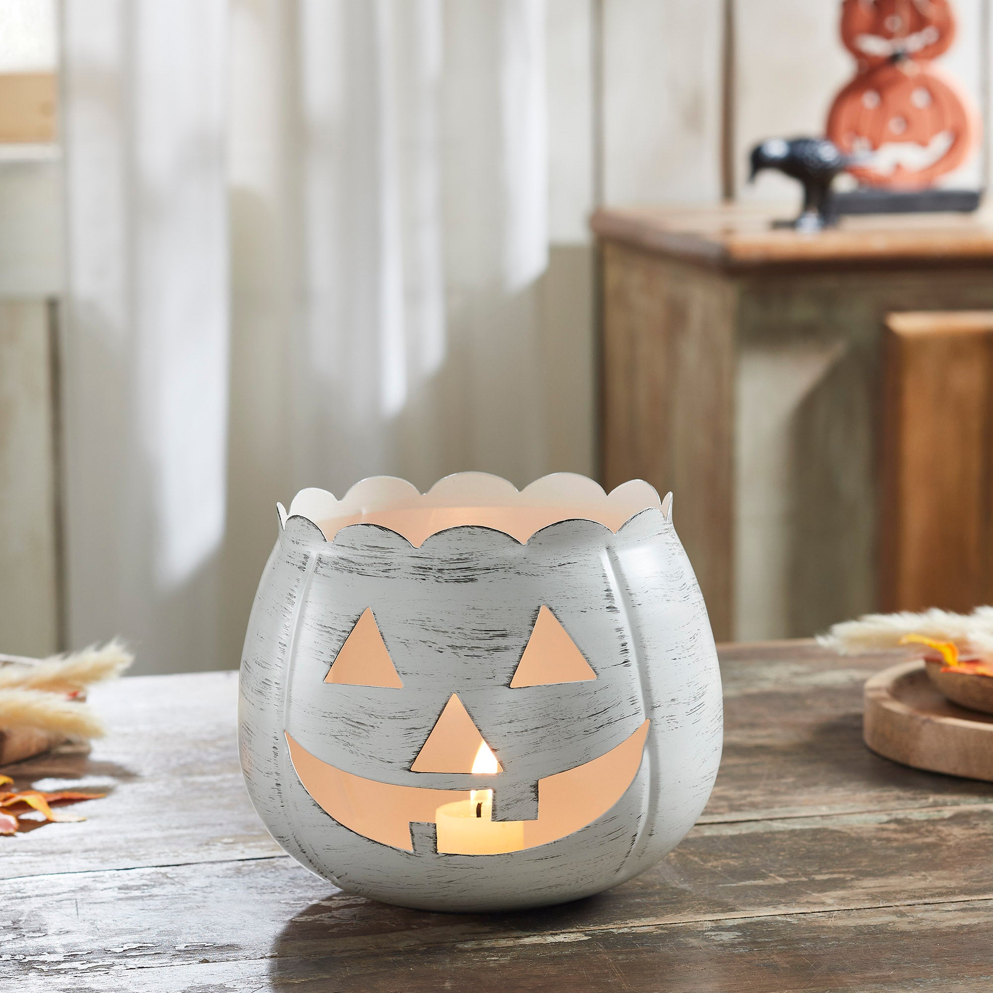 Antique White Jack O Lantern Candle Holder Halloween Fall Decor Centerpiece Inch Spooky Tabletop Accent