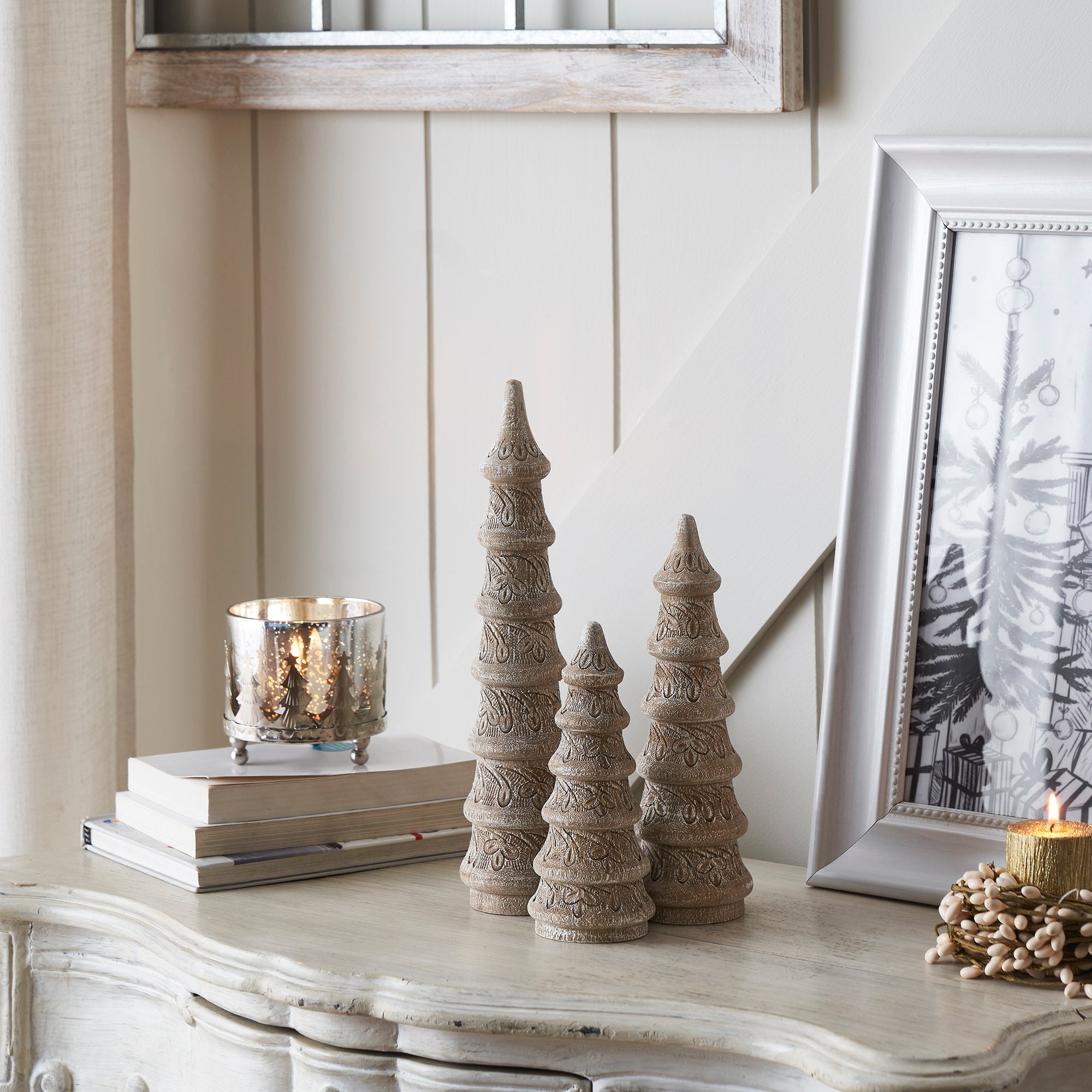 Feathered Finish Hand Turned Wooden Trees Set of 3- 7/9/